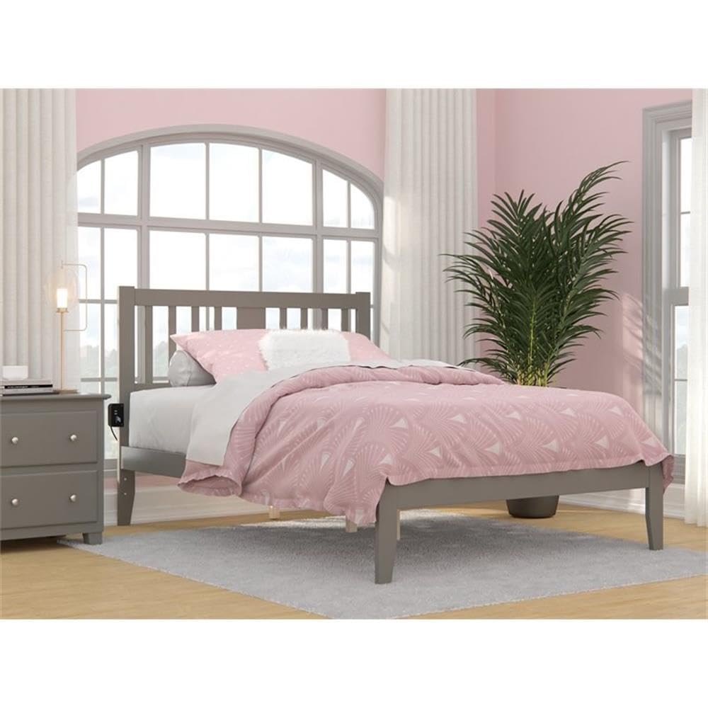 BOWERY HILL Transitional Wood Full Spindle Bed Frame with USB Turbo Charger - Gray Queen Size Bed for Modern Bedroom | Fast Charging Station & Stylish Home Decor