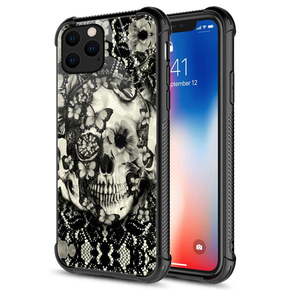 Victorian Gothic Lace Skull iPhone 12 Pro Max Case - Shockproof TPU Silicone Bumper & Tempered Glass Back Cover - Perfect for Gothic Fashion Lovers & Halloween Costume Accessories