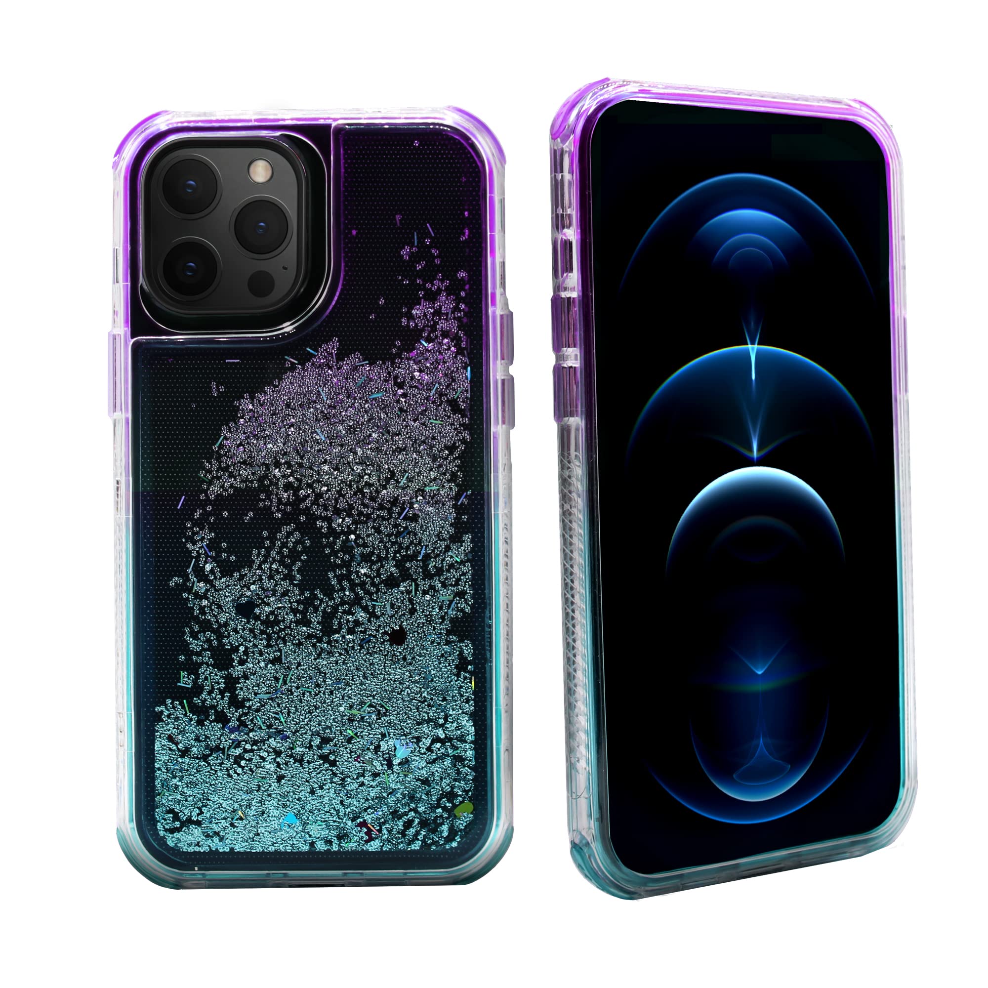 Shockproof Glitter Phone Case for iPhone 12 Pro Max - Cute 2-Tone Moving Sand Cover with Anti-Scratch Protection | Stylish Purple & Sky Blue Design | Perfect for Daily Use, Travel, and Gift Giving