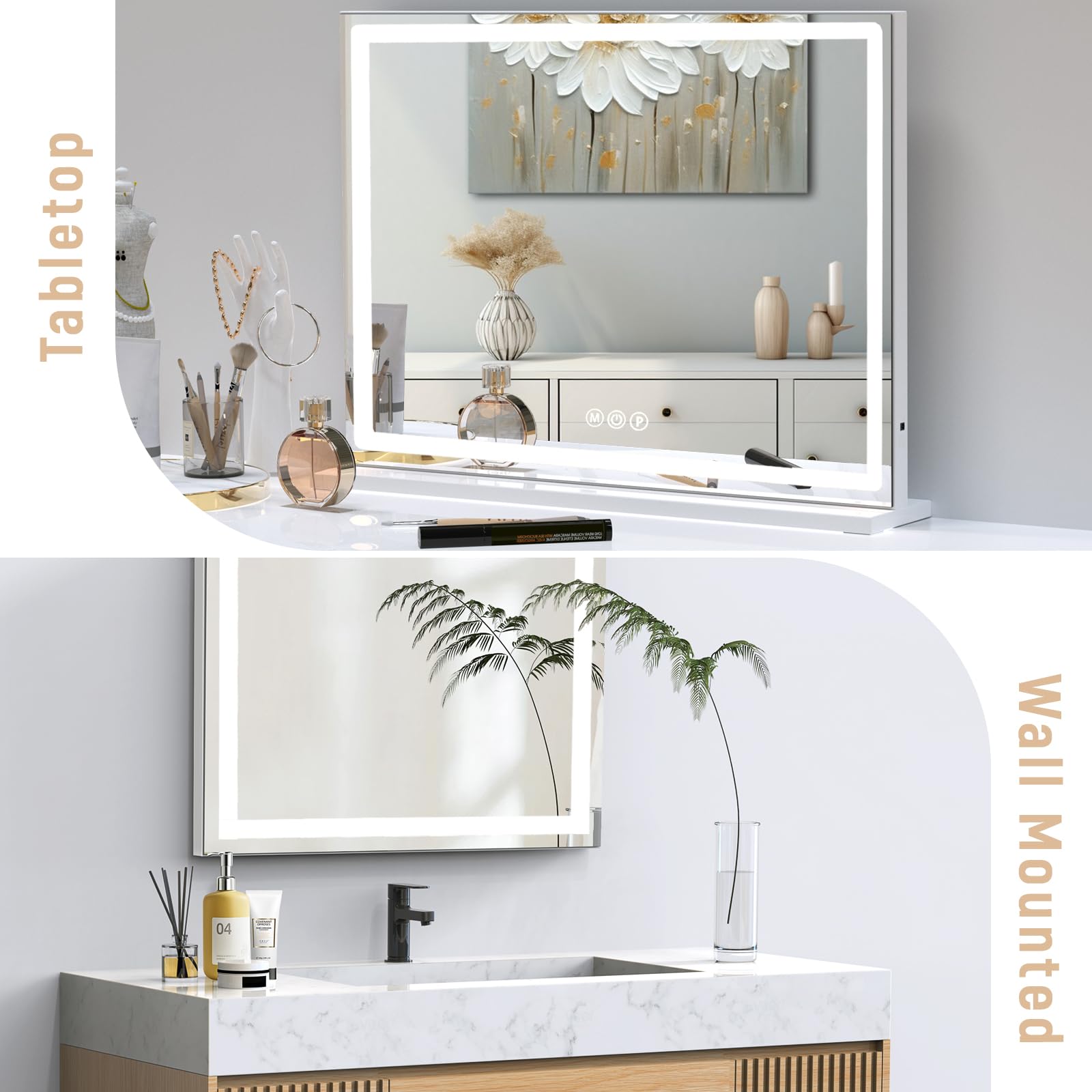 10X Magnification LED Makeup Mirror with Lights - 3 Color Lighting Modes, USB Charging, Adjustable Brightness - Perfect for Bedroom Vanity, Dressing Table or Bathroom (White, Tabletop/Wall-Mounted)