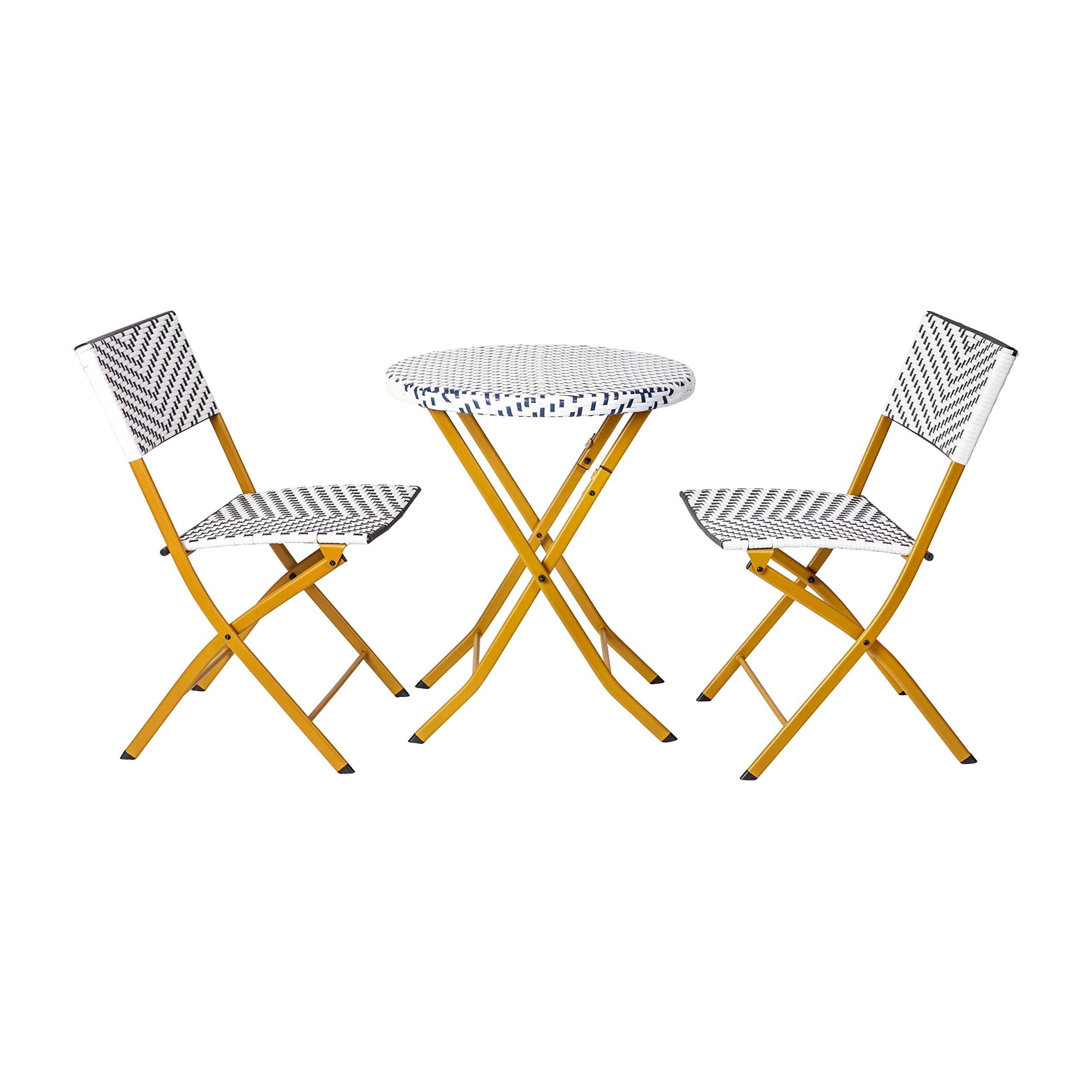 Flash Furniture Rouen Commercial Grade Folding Bistro Set - 3 Piece Indoor/Outdoor PE Rattan Table with Navy/White Cushions & Natural Steel Frame | Perfect for Patio, Garden, Cafe, Restaurant Outdoor Dining