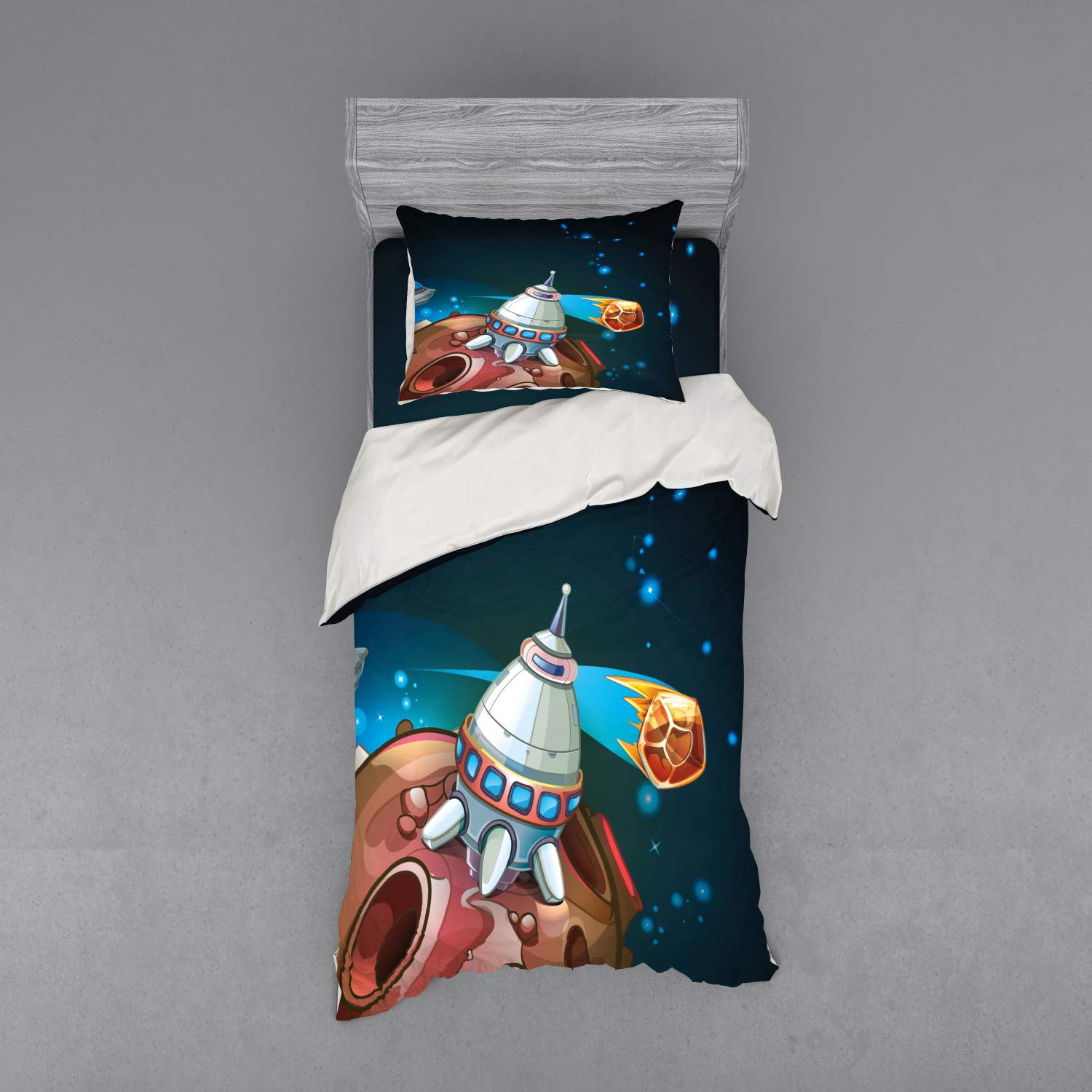 Ambesonne Cartoon Duvet Cover Set - Spacecraft Planets Outer Space Theme with Rocket Stars Galaxy Cosmic Illustration | 3-Piece Bedding Set Includes Sham & Fitted Sheet | Twin Size Multicolor | Perfect for Kids' Rooms, Space-Themed Bedrooms & Sci-Fi Decor
