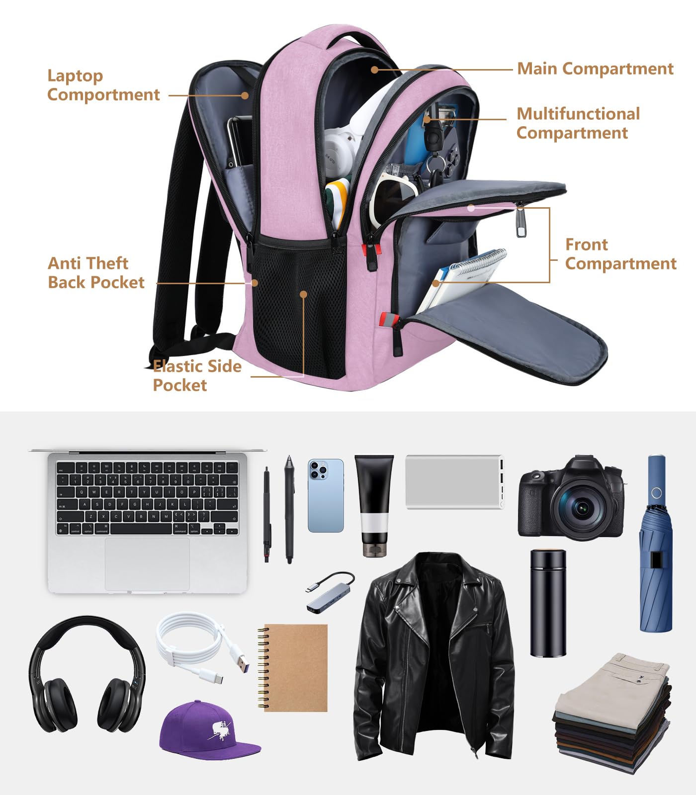**Pink Women's Backpack with USB Charging Port - Stylish School & College Bookbag for Girls & Teens - Fits 15.6 Inch Laptop - Perfect for High School, Work, Business & Travel**