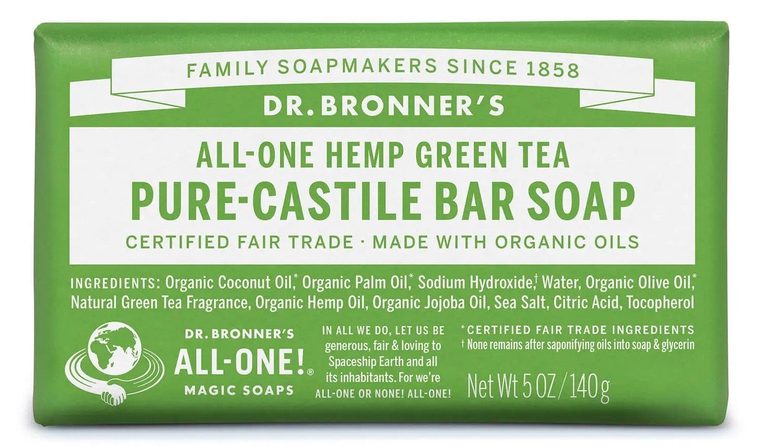 Dr. Bronners Pure Castile Bar Soap - Organic Green Tea Scent, Vegan & Cruelty-Free for Face, Body & Hair - Perfect for Sensitive Skin & Eco-Friendly Bathroom