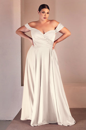 Jillian Gown - Off White A-Line Soft Satin Off-the-Shoulder Dress for Wedding Guest, Cocktail Party & Special Occasions