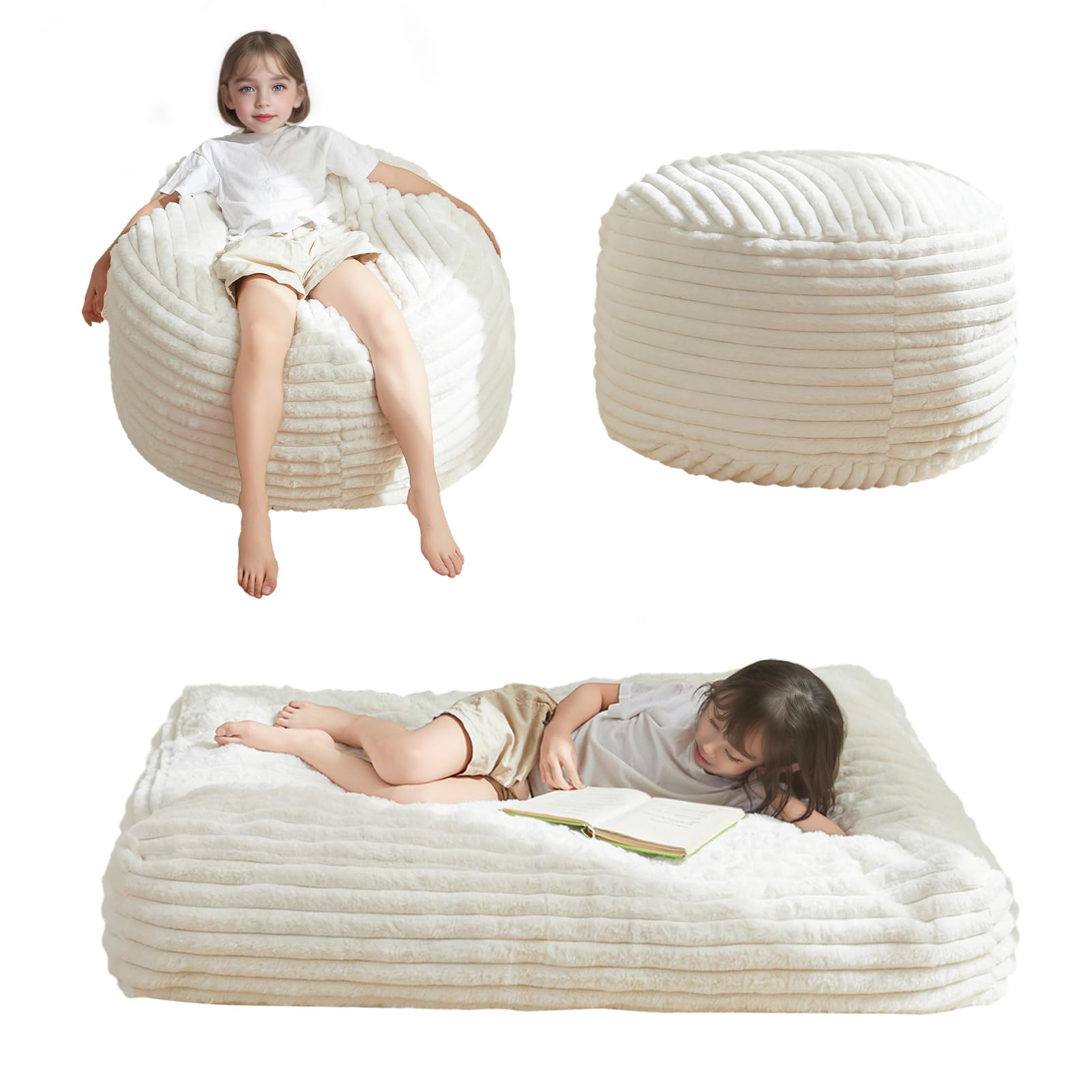 MAXYOYO Kids Bean Bag Chair Bed - Convertible Children's Bean Bag Chair to Floor Mattress, Soft Beige for Bedroom, Playroom & Dorm - Perfect for Reading, Relaxing & Sleepovers