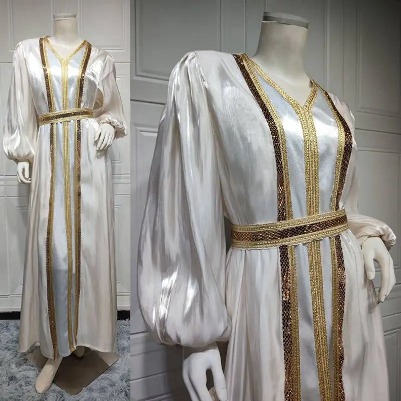 Elegant 2-Piece Eid Dress Set - Hotfix Rhinestone Satin Open Abaya Kaftan with Matching Sleeveless Inner Dress | Perfect for Eid Celebrations, Weddings & Special Occasions