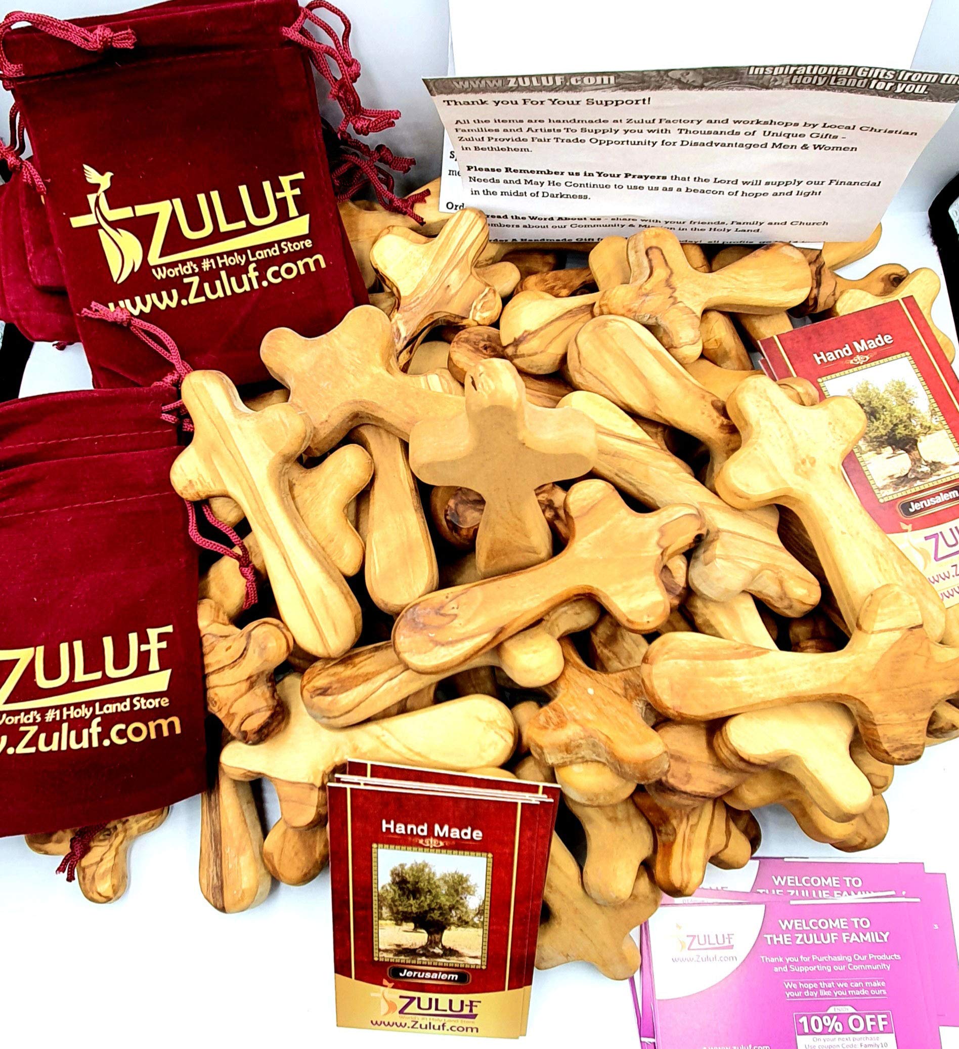 Handmade Olive Wood Cross from Holy Land Nazareth - Religious Gift Set with 100 Velvet Pouches & 50 Certificates (3.7 Inch) - Perfect for Baptism, Confirmation & Christian Home Decor
