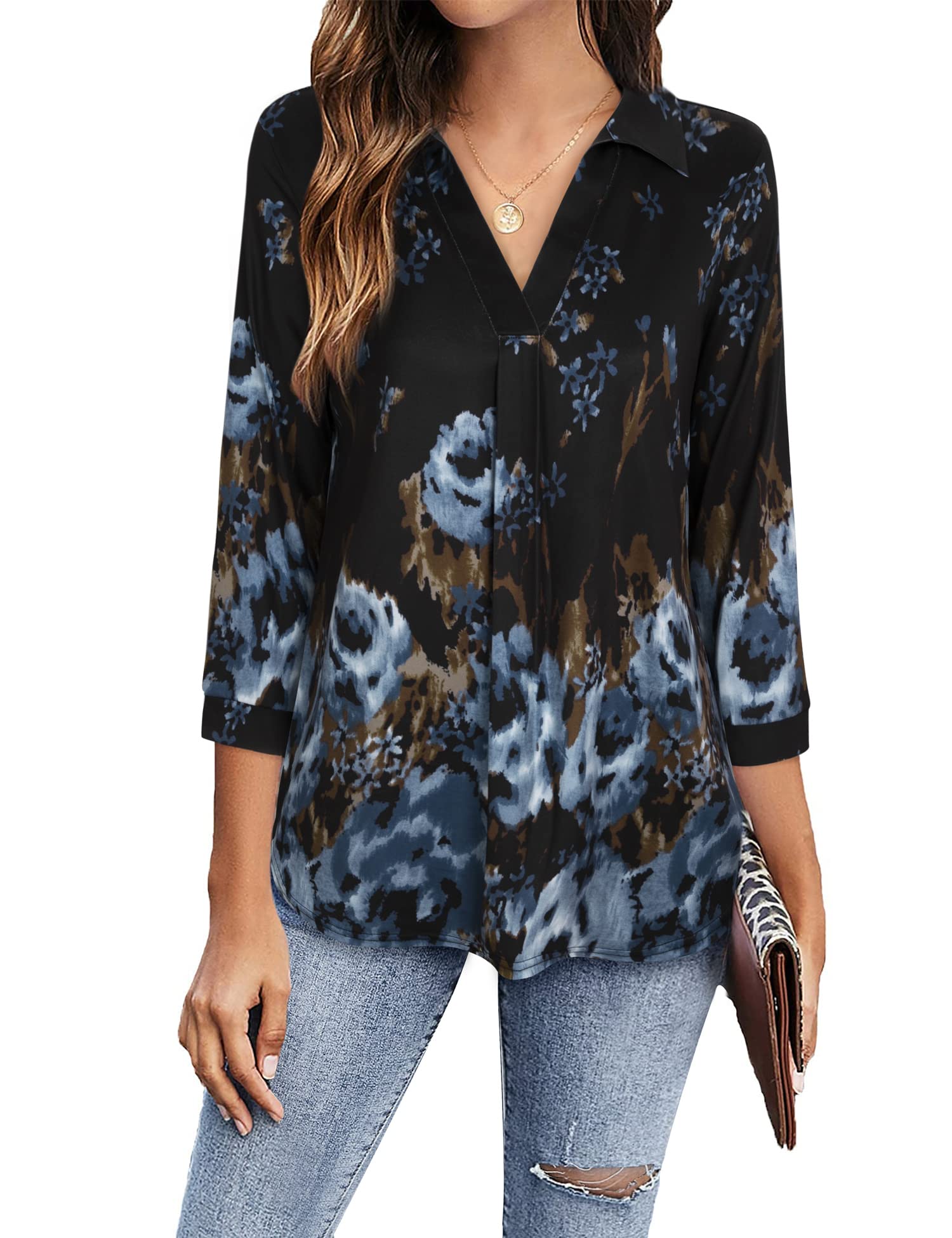Timeson Women's V Neck Blouse 3/4 Sleeve Tunic Top - Elegant Work Shirt for Office, Business & Casual Wear - Flowy Ladies Tops for Professional Outfits & Everyday Style
