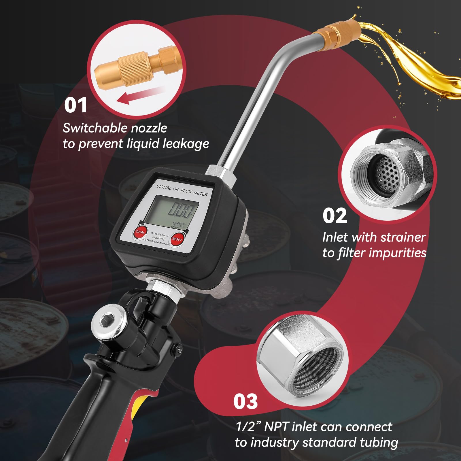 Poafamx Heavy Duty Digital Oil Control Valve Meter Nozzle - 8GPM/30LPM Air Operated Oil Transfer Pump - 7-1000 PSI (0.5-70 Bar) Fluid Dispenser with 1/2