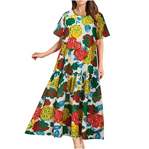 Women's Bohemian Floral Maxi Dress - Summer Casual Round Neck Short Sleeve Beach Sundress | Perfect for Vacations, Music Festivals & Outdoor Parties