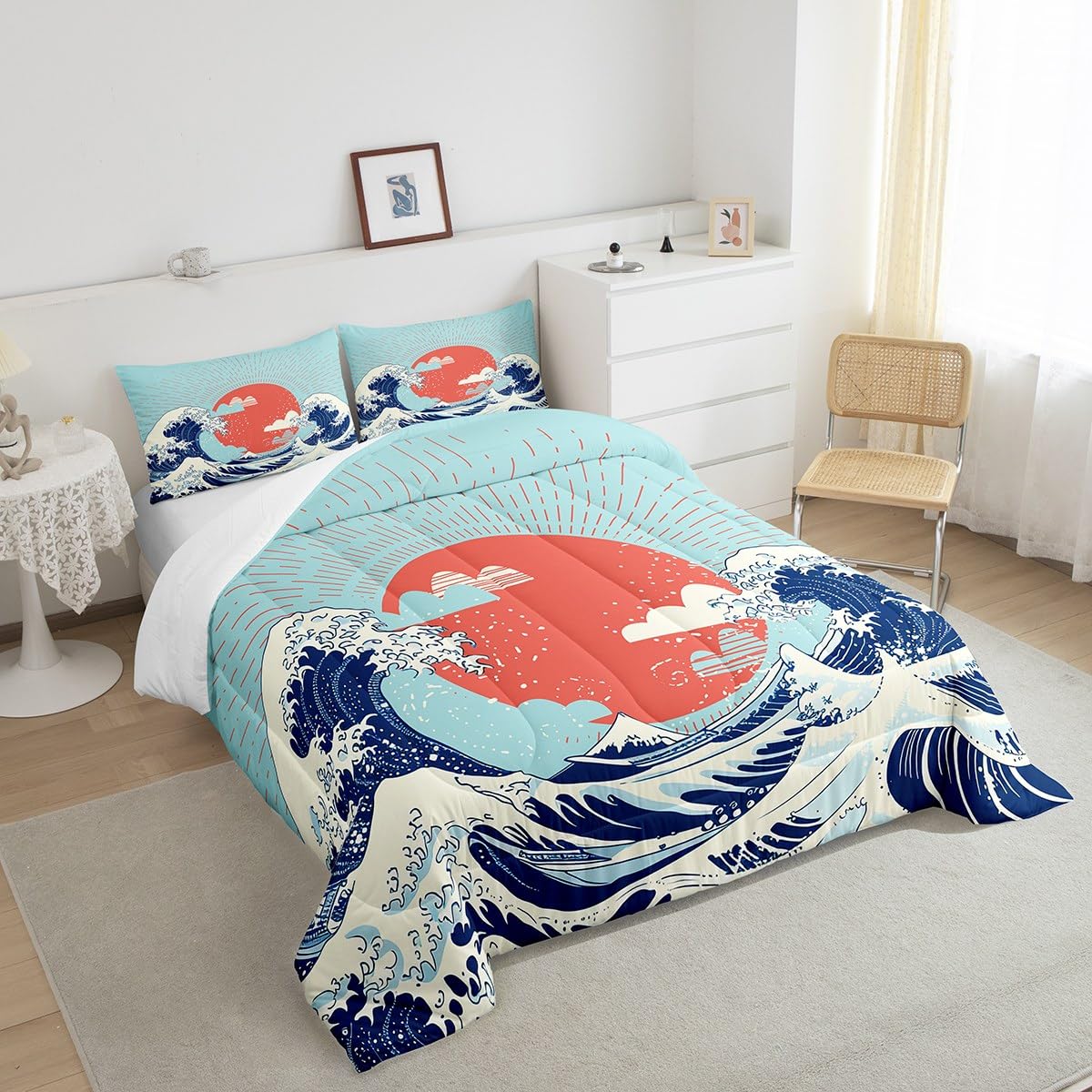 Erosebridal Japanese Style Sea Wave Comforter Set Twin Size - Mount Fuji Ocean Theme Duvet Cover, Super Soft Breathable Bedding in Red, Yellow & Blue | Perfect for Coastal Themed Bedrooms, Guest Rooms & Vacation Homes