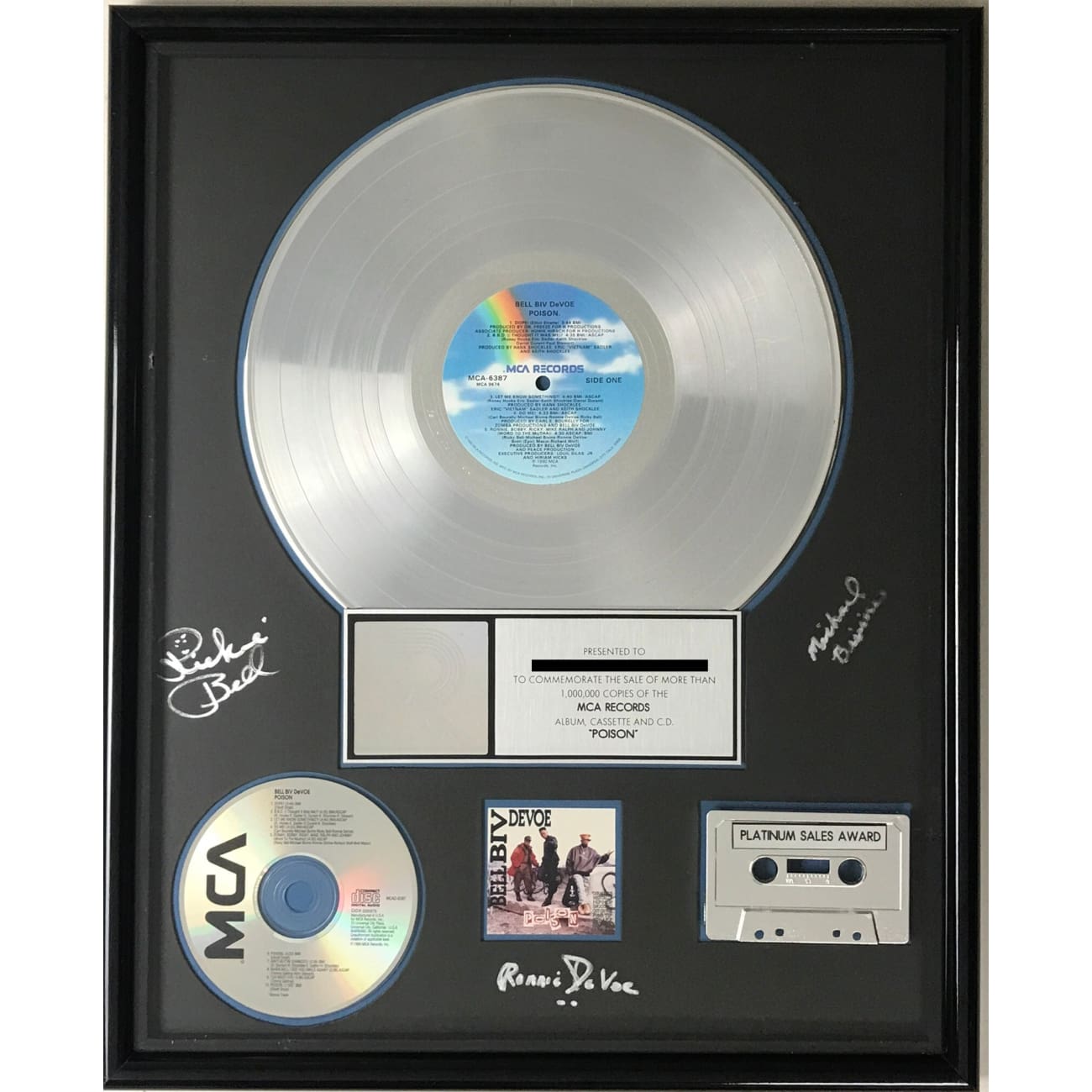 Bell Biv Devoe Poison RIAA Platinum LP Award - Autographed by Ricky Bell, Michael Bivins & Ronnie DeVoe - Perfect for Music Collectors & 90s R&B Fans