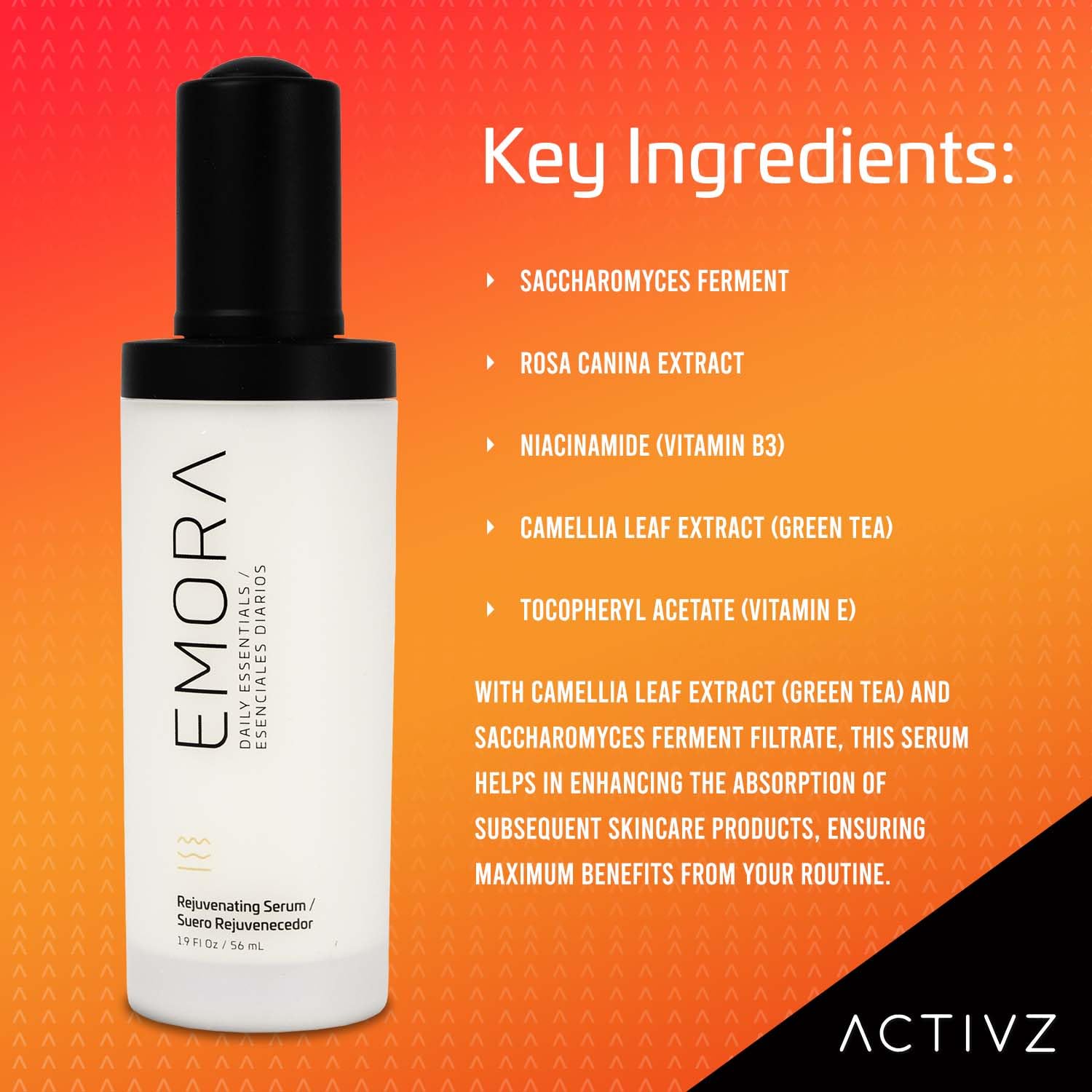 ACTIVZ Emora Rejuvenating Face Serum - Anti-Aging Skin Care with Saccharomyces Ferment, Rosehip Oil, Niacinamide, Green Tea & Vitamin E - Hydrates & Brightens Skin - 1.9oz/56ml - Perfect for Daily Skincare Routine & Nighttime Regimen