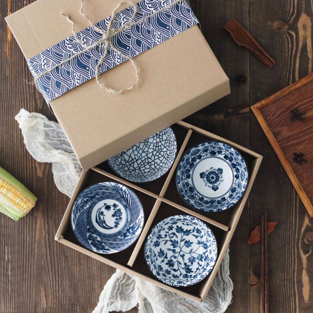 Japanese Style Ceramic Rice Bowl Set of 4 - Traditional Blue and White Underglazed Dinnerware for Dessert, Snack, Cereal & Soup - Perfect for Asian Cuisine, Home Dining & Gift Giving