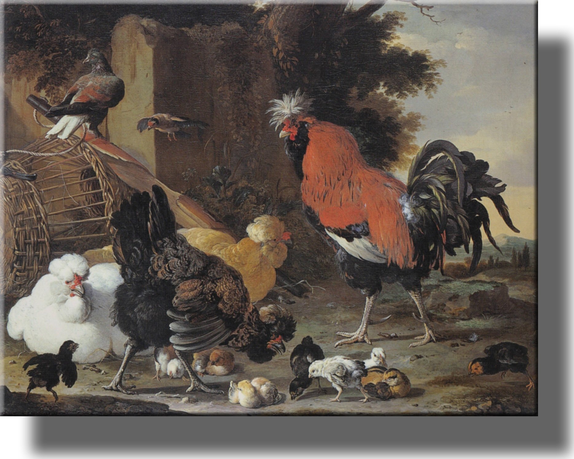 Melchior De Hondecoeter Rooster Hen Chicks Canvas Art - Ready to Hang Wall Decor for Living Room