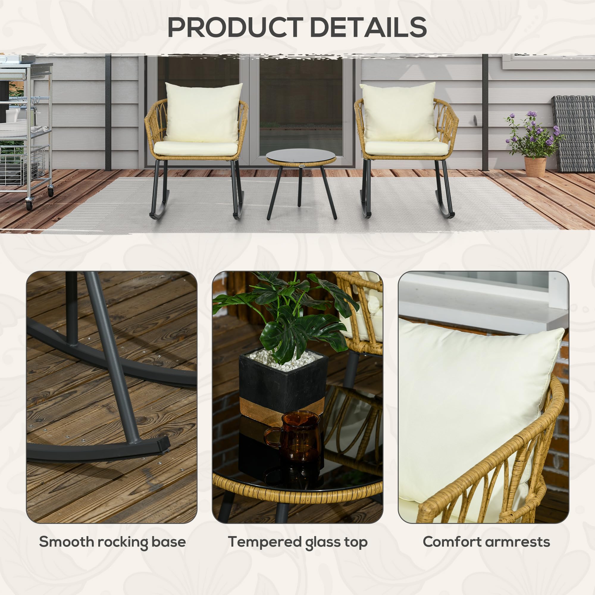 Outsunny 3-Piece Wicker Outdoor Rocking Chair Set with 2 Rockers, Glass Coffee Table & Cushions - Cream White Patio Conversation Furniture for Balcony, Backyard, Garden or Porch - Perfect for Relaxing, Entertaining & Enjoying Outdoor Living