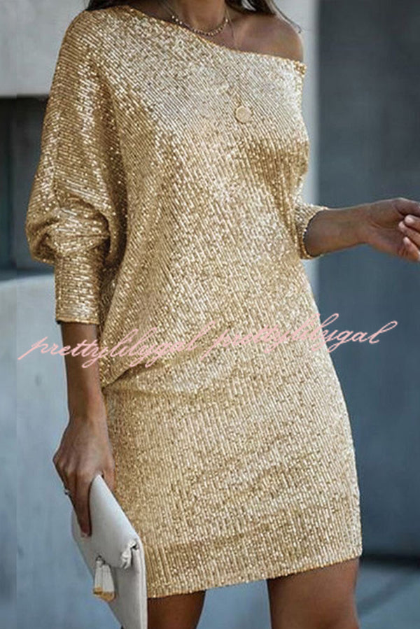 Elegant Solid Sequined Off-Shoulder Loose Mini Dress for Women - Perfect for Parties, Date Nights & Special Occasions