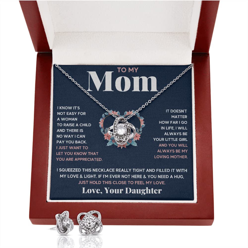 Mother Daughter Necklace Set - Heart Pendant Jewelry Gift for Mom Birthday, Christmas & Mother's Day - Engraved Message Card & LED Gift Box with Matching Earrings (Blue Little Girl Squeezed Charm) - Perfect for Mother-Daughter Bonding Moments & Special Occasions