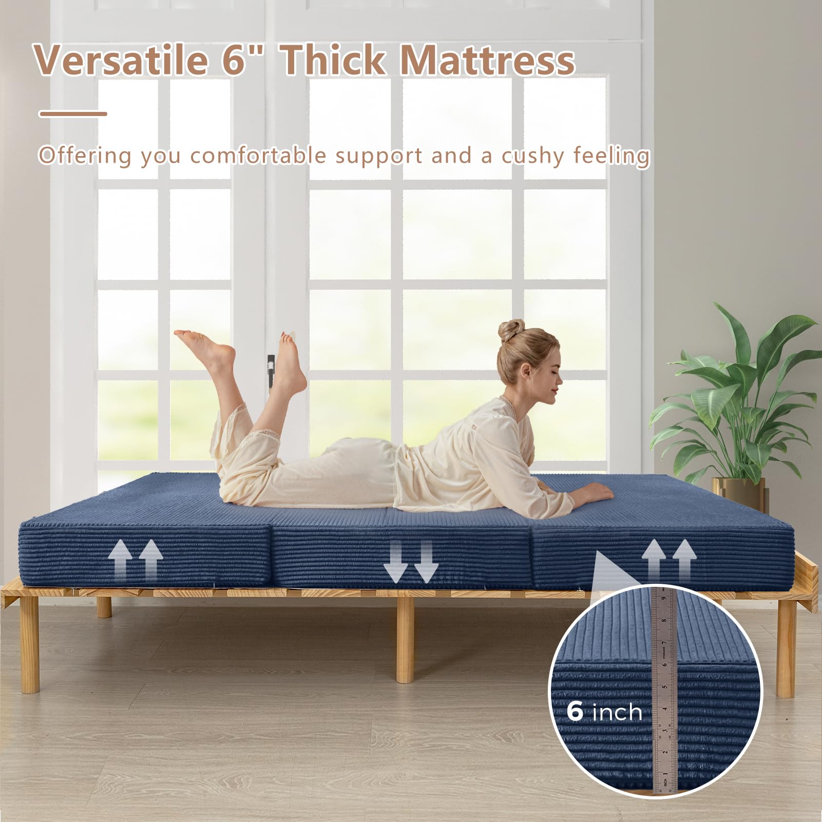 MAXYOYO 6 Inch Corduroy Tri-Folding Gel Memory Foam Mattress Topper - Foldable Guest Bed & Camping Pad in Blue | Perfect for Spare Rooms, Sleepovers & Outdoor Adventures