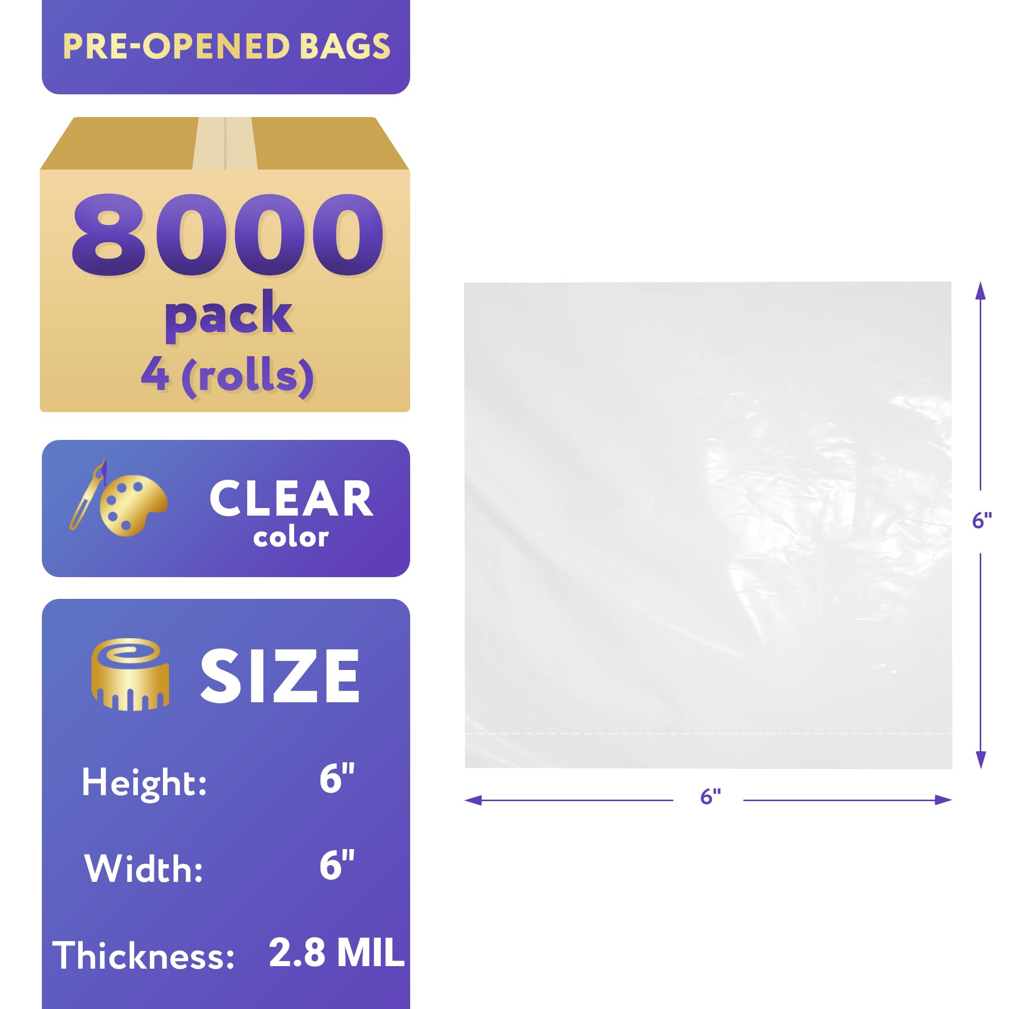 APQ 4 Rolls, 8000 Pre-Opened 6x6 Heavy Gauge Poly Bags - 2.80 Mil Thickness | Clear Seamless Plastic Bags for Packing, Storing, Industrial & Food Service | Ideal for Retail Packaging, Warehouse Organization & Food Safety Storage