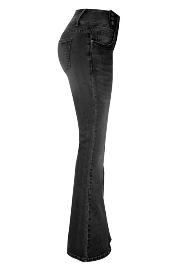Vintage High Waist Flared Jeans with Side Button Pockets - Retro 70s Style Denim Pants for Women, Perfect for Casual Outings & Boho Fashion Looks