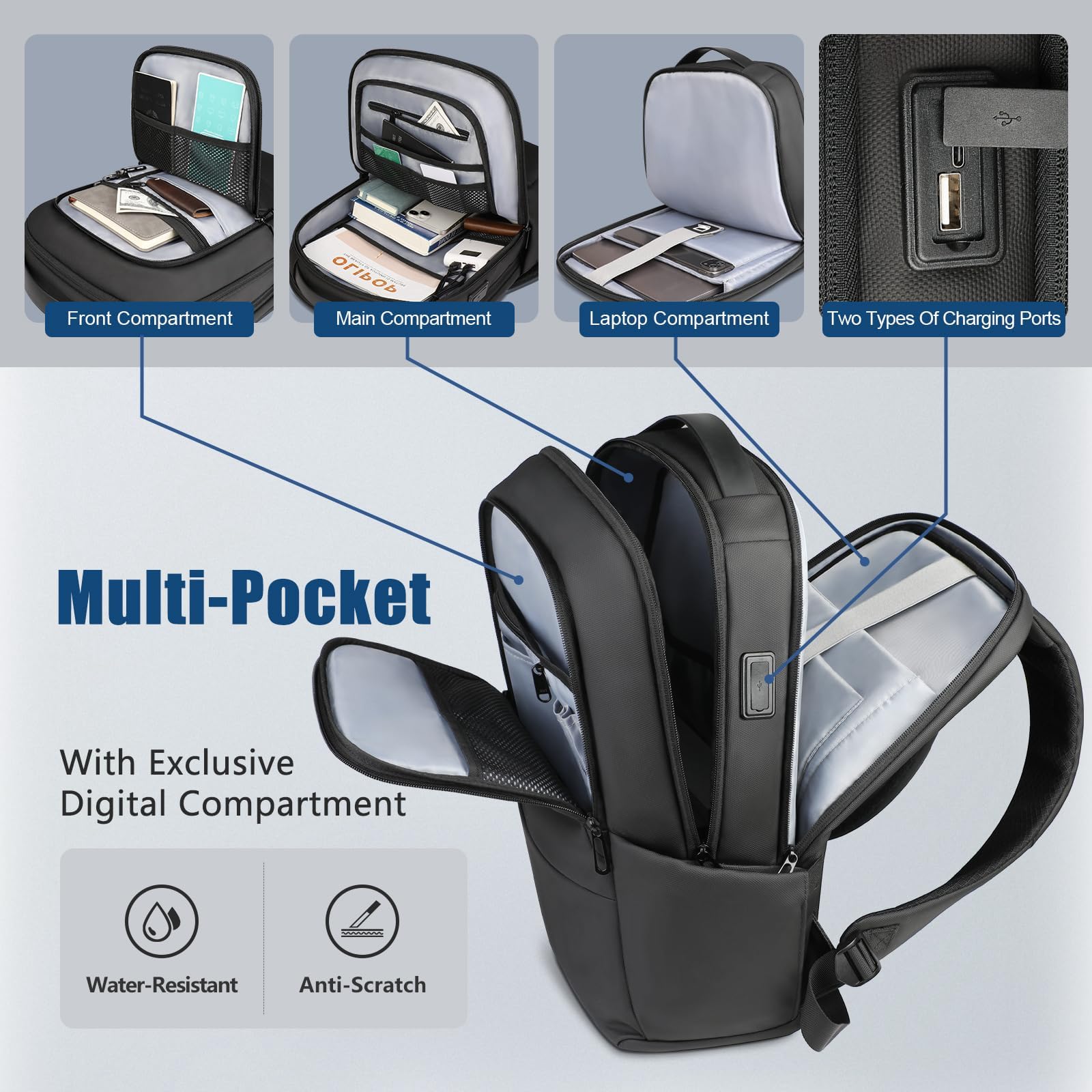 HK Men's Business Backpack with USB Charger Port - Anti-Theft Water-Resistant 15.6 Inch Laptop Backpack - Lightweight Travel Backpack for Office, College & Commuting - Perfect for Business Trips & Daily Use (Black)