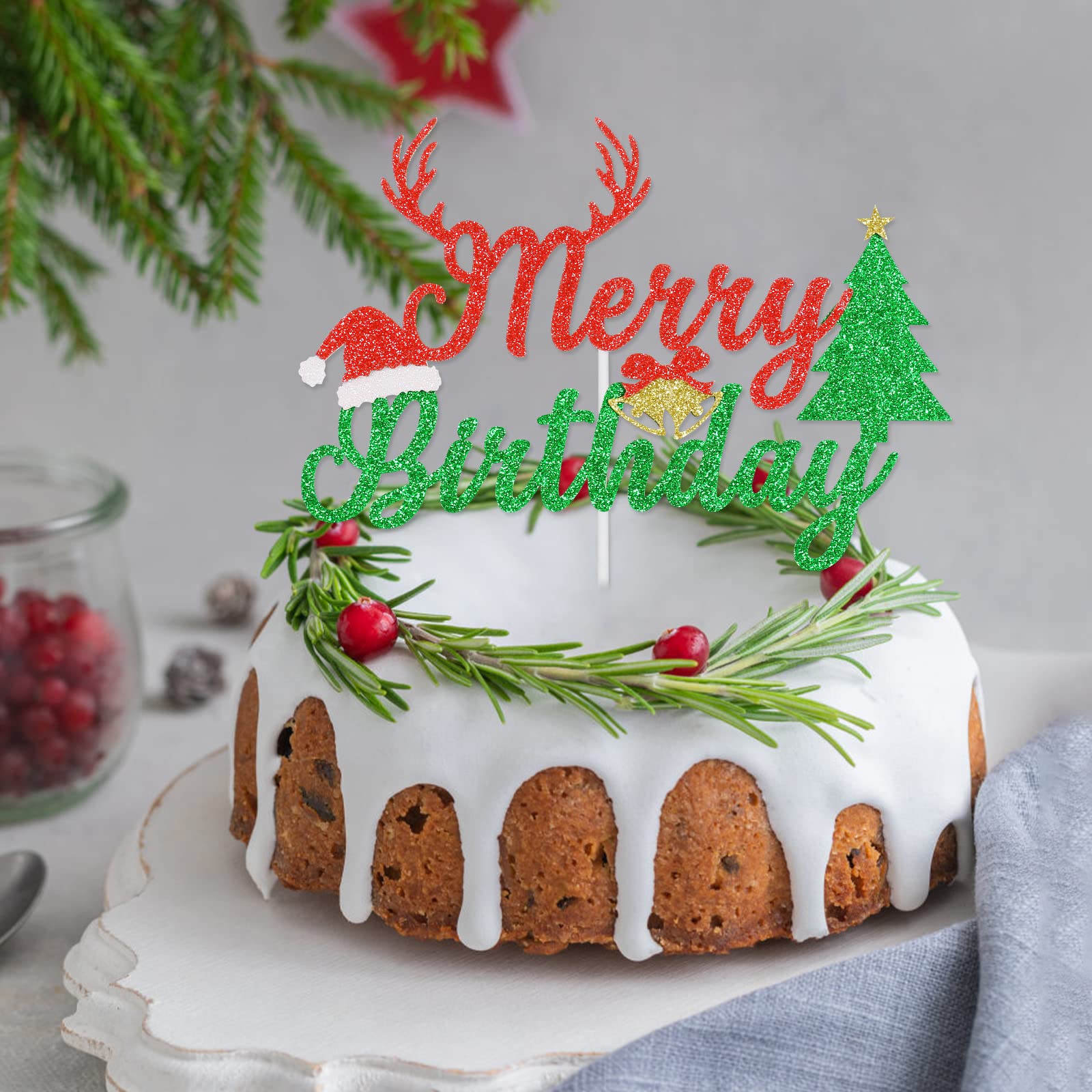Red and Green Glitter Merry Birthday Cake Topper - Christmas & Xmas Party Decorations for Holiday, Birthday Cakes - Perfect for Christmas Celebrations, Birthday Parties, and Festive Dessert Decorations