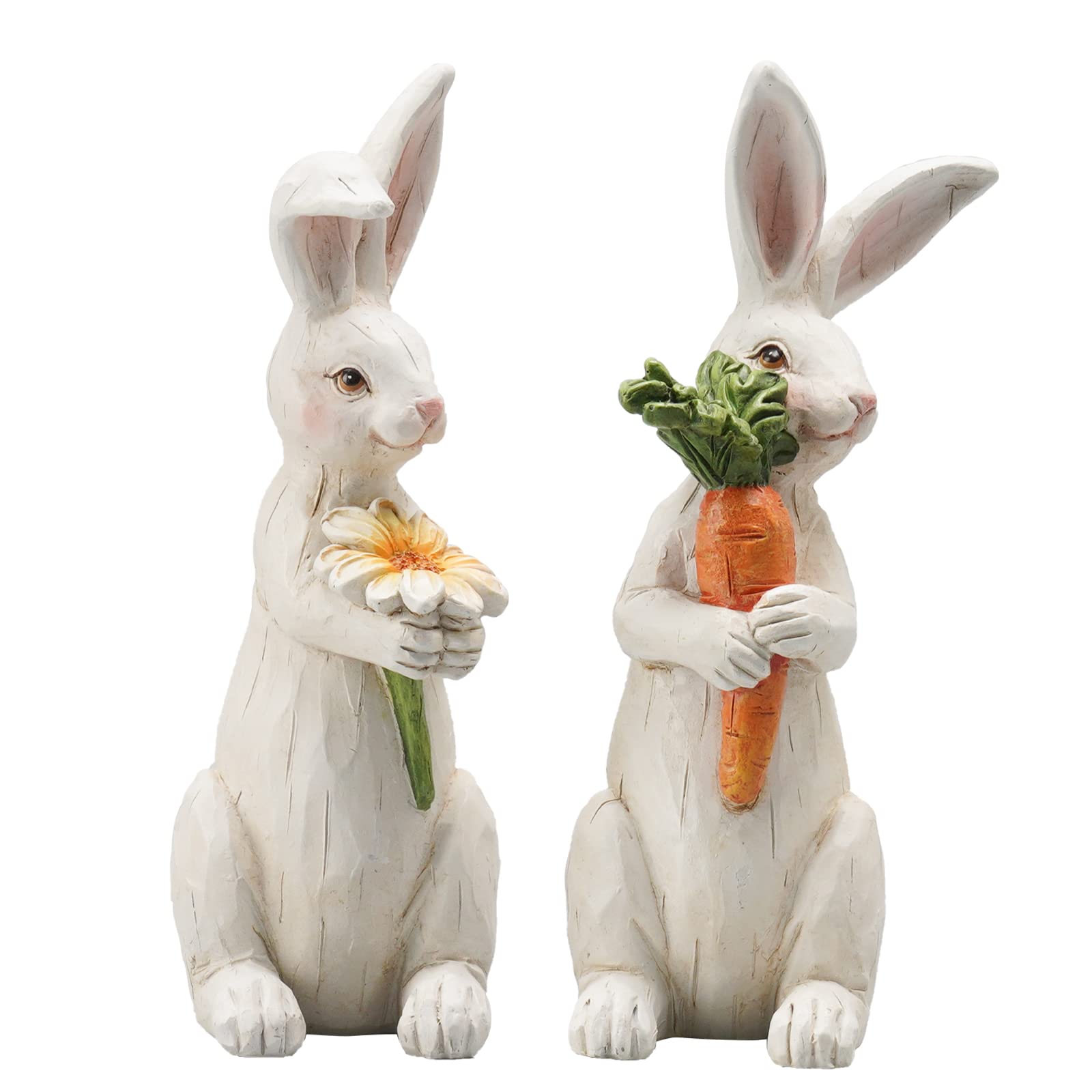 Easter Bunny Decorations - 2PC Resin Rabbit Figurines with Carrot & Flower, Spring Table Centerpiece for Home, Farmhouse (4.5 Inch) - Perfect for Easter Table Decor, Spring Home Decor, and Farmhouse Style Interior Design