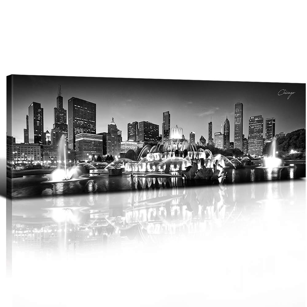 Chicago Skyline Canvas Wall Art - Black & White Panoramic Cityscape Print, Modern Home & Office Decor (14x48
