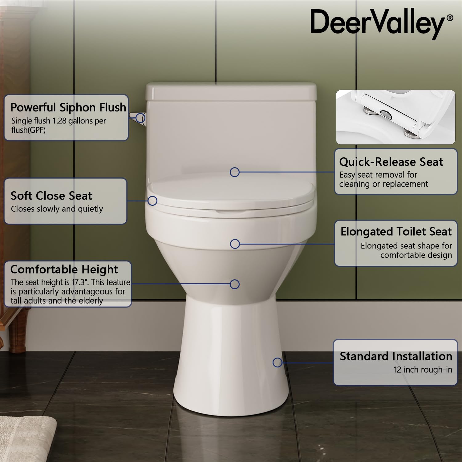 DeerValley Concord One Piece Toilet - Modern Comfort Height Elongated Design with Soft Closing Seat, 1.28 GPF Water Saving (Model DV-1F52627) - Perfect for Small Bathrooms, Guest Baths & Modern Home Renovations