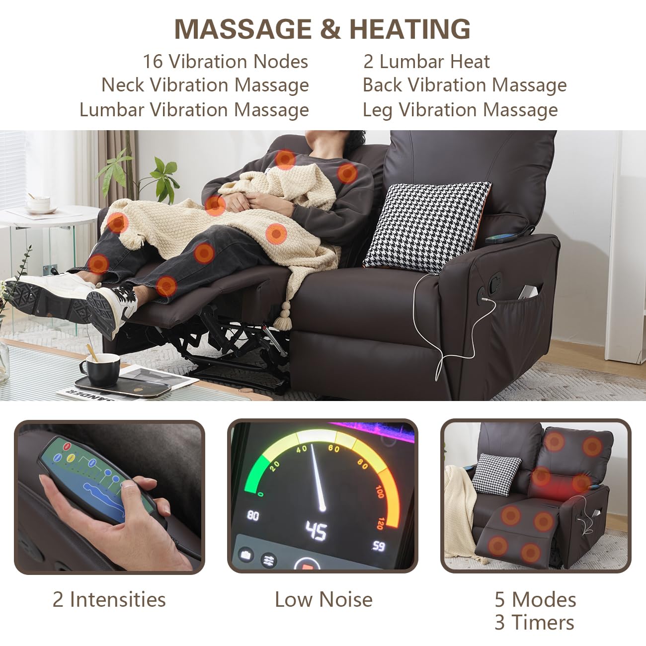 **RVEE RV Loveseat Console Theater Seating – 2-Seater Powered Recliner Double Sofa with USB Charging, Massage & Heat – Faux Leather Brown – Perfect for RV, Home Theater & Living Room**
