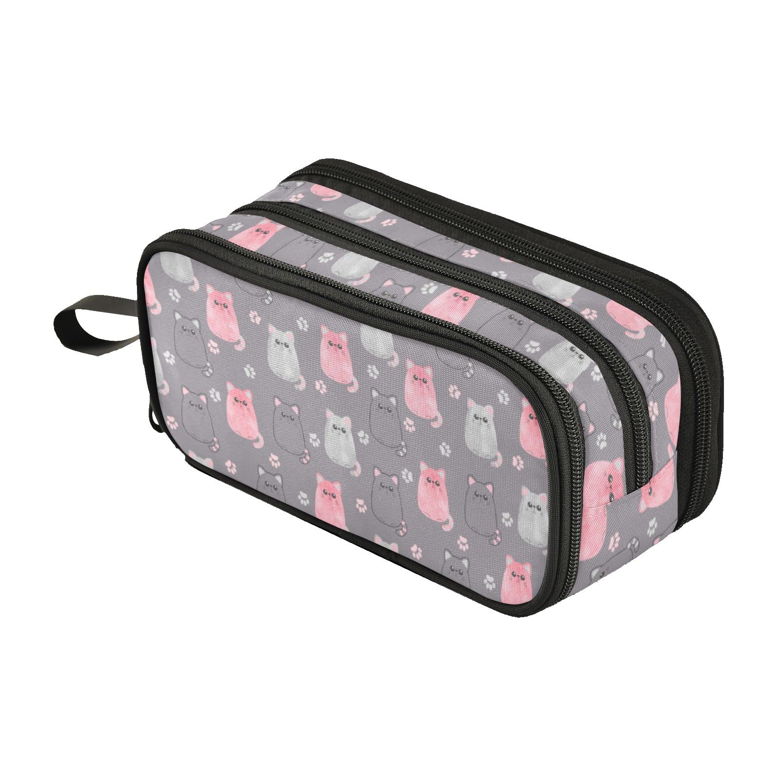 Fustylead Pink & Grey Cat Pattern Pencil Case - 3 Compartment Zippered Pouch, Lightweight School Stationery Organizer for Teens & Students | Perfect for School, Office & Travel Supplies Storage