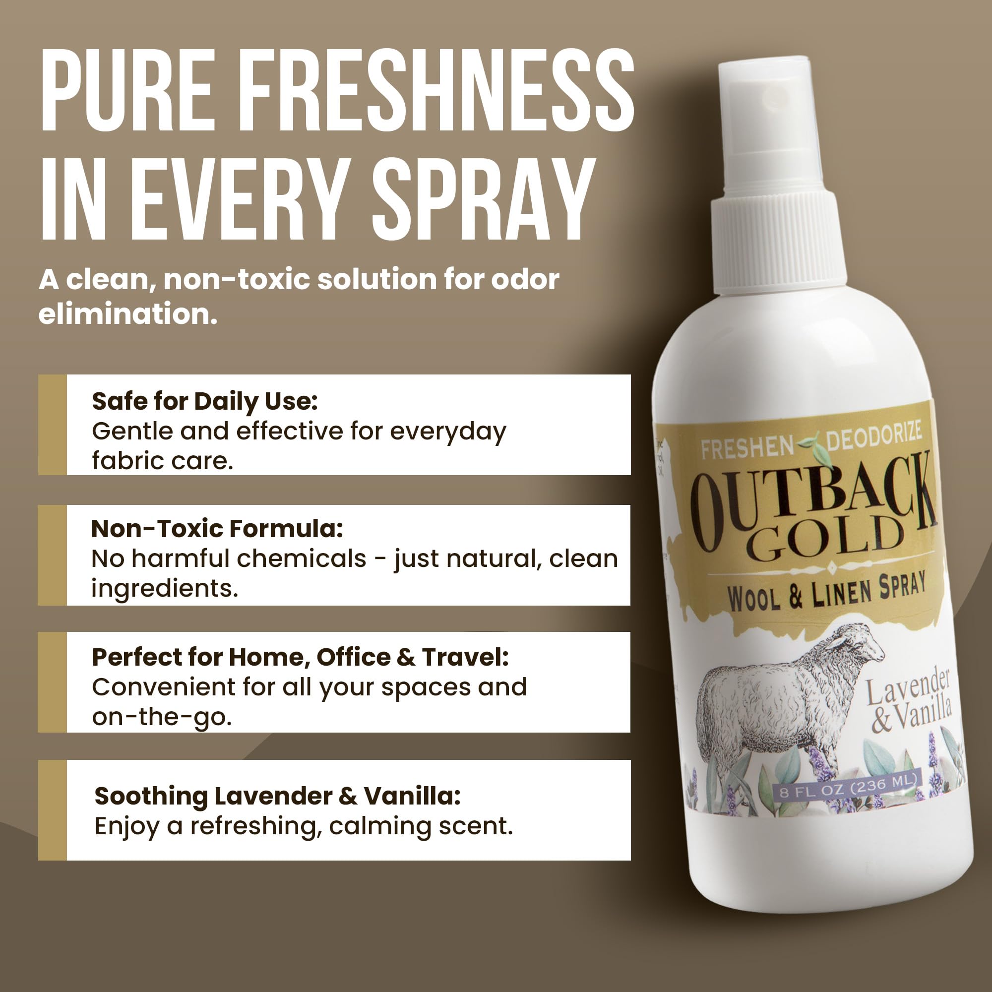 Outback Gold Wool Cashmere & Linen Spray - Natural Lavender Vanilla Fabric Freshener for Pillows, Sheets & Home Decor - 8 Fl Oz Bedroom & Laundry Deodorizer - Perfect for Refreshing Clothes, Linens & Upholstery