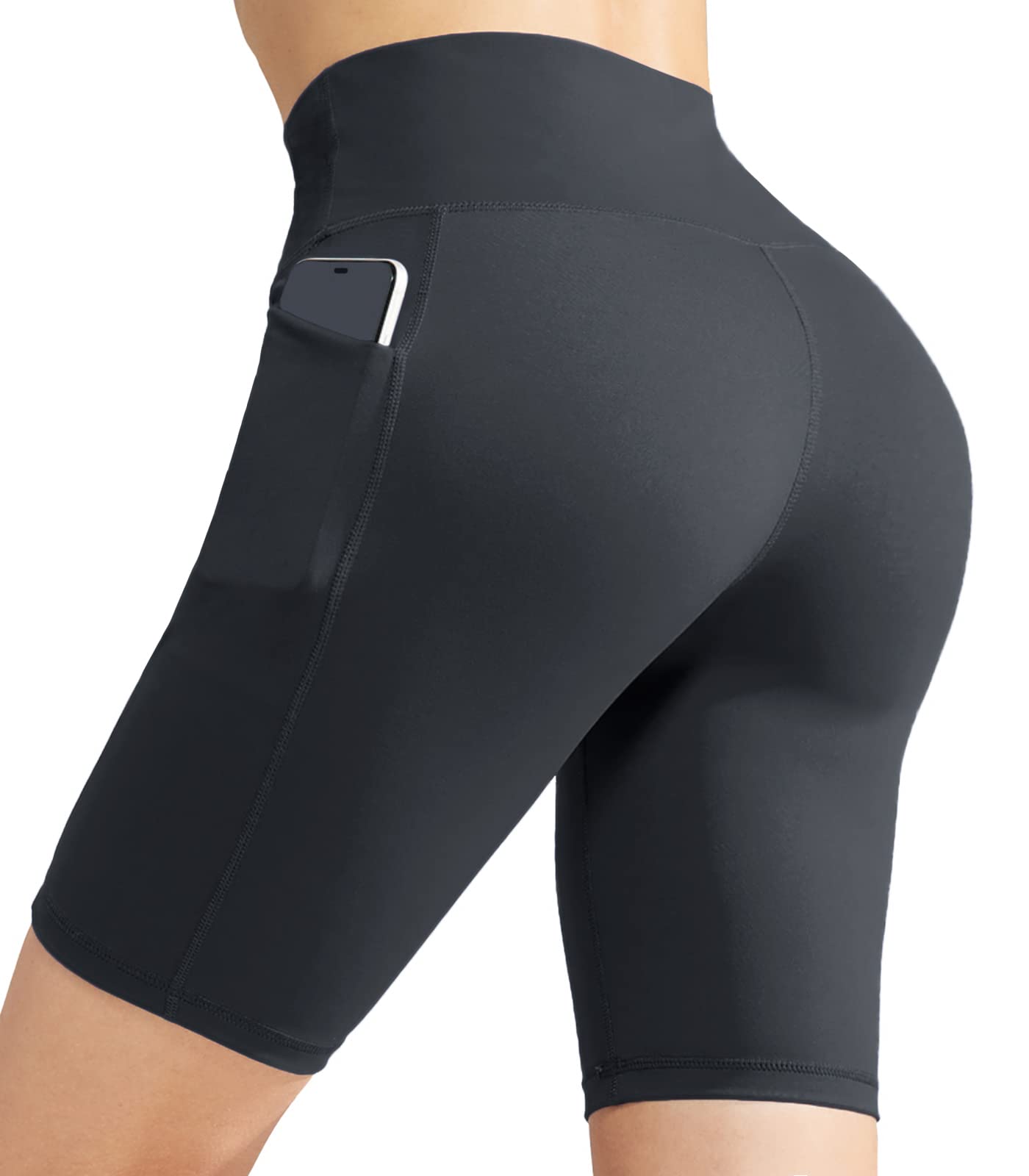 MIER Women's High Waist Yoga Shorts - 8 Inch Compression Biker Shorts with Side Pockets & Tummy Control for Workout, Running, Gym & Lounge Wear