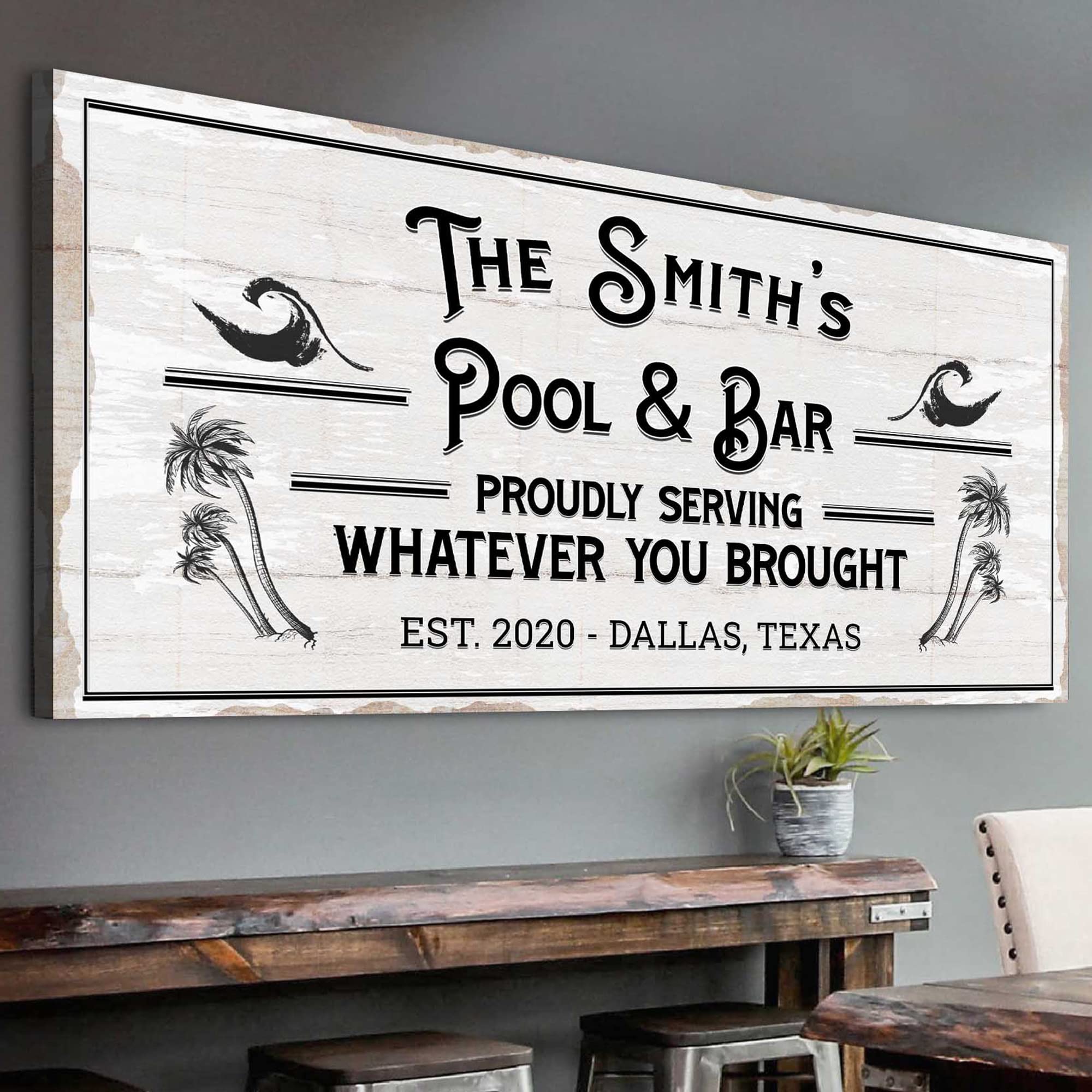 Custom Canvas Bar Sign - Personalized 'Proudly Serving Whatever You Brought' Wall Art - 48x24 Inch Rustic White Printable Decor for Man Cave, Backyard, Kitchen, Pub & Diner - Perfect for Home Bars, Game Rooms & Outdoor Entertaining