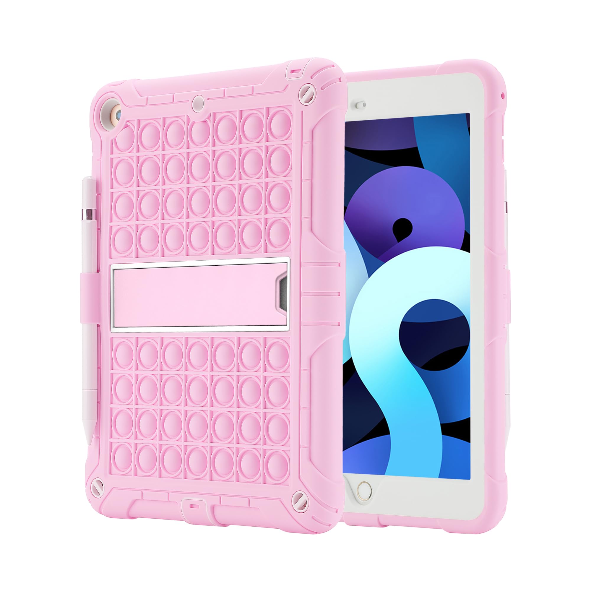Sensory Fidget Toy Case for iPad 9.7 Inch 5th/6th Generation 2018/2017/Air 1/Air 2/iPad Pro - Shockproof Push Pop Bubble Cover with Pencil Holder, Kickstand & Shoulder Strap (Pink) - Perfect for Stress Relief, Focus & Travel