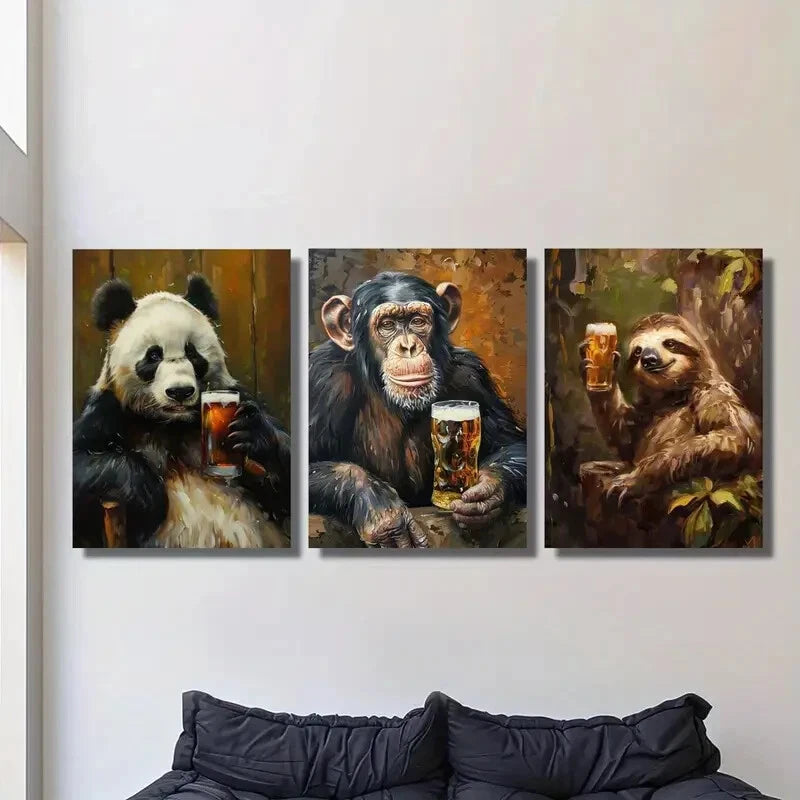 3-Piece Abstract Cute Wild Animal Drinking Beer Metal Wall Art Prints - Ready to Hang Home Decor for Living Room, Bar, Office & Man Cave