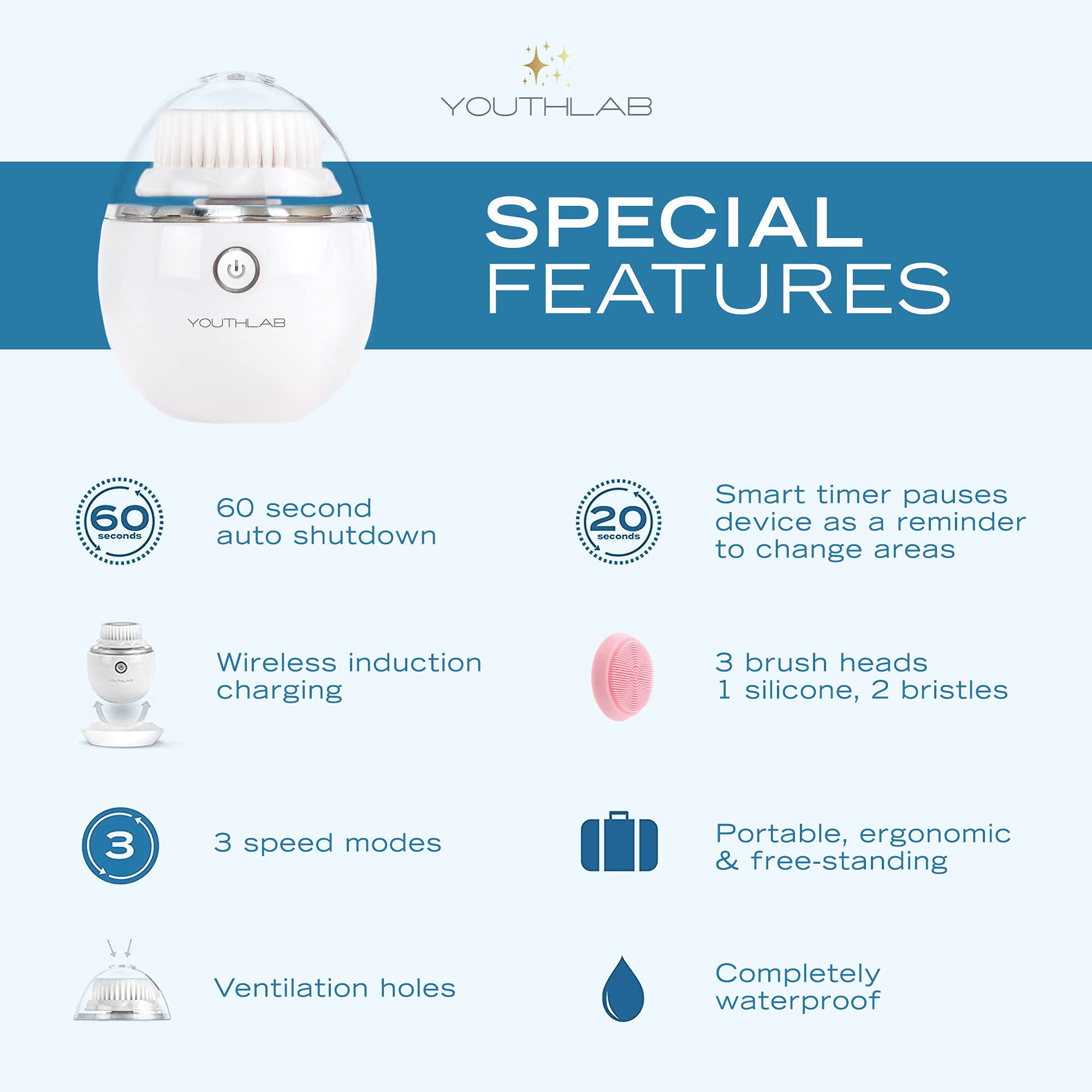 YouthLab Pure Radiance Electric Facial Cleansing Brush - 3 Speed Modes, 3 Interchangeable Brush Heads (2 Bristle & 1 Silicone), Waterproof & Rechargeable with Smart Timer - Deep Exfoliation & Massage for Glowing Skin (Silver) | Perfect for Daily Skincare Routine & Travel