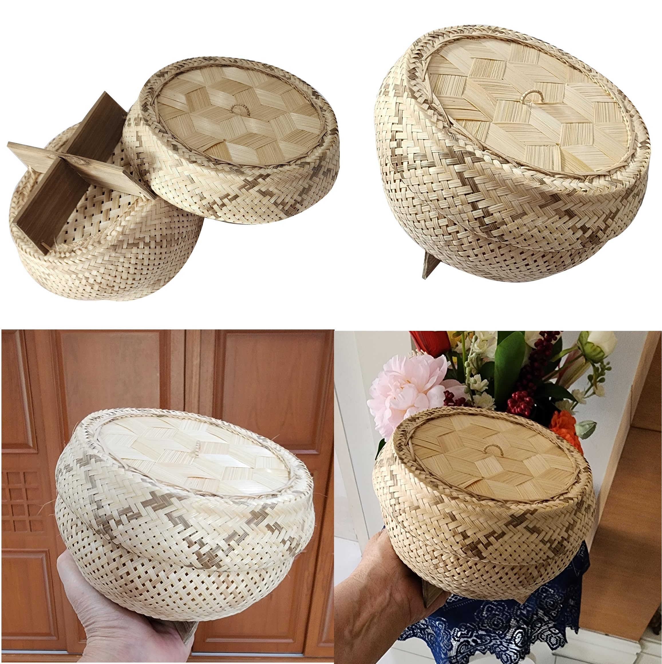 Premium Bamboo Sticky Rice Steamer with Lid - Traditional Thai Wicker Basket for Cooking Sticky Rice, Sushi, Dumplings - 2-Piece Set with Free Cloth - Perfect for Asian Cuisine, Home Kitchen & Professional Use