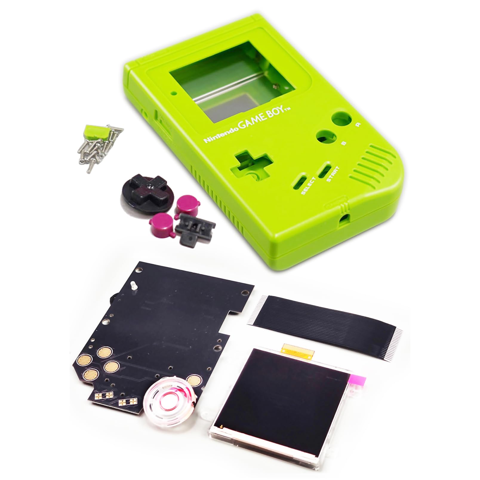 DIY GB IPS Display & Speaker Mod Kit with Extra Replacement Shell for Gameboy Classic Fat Console - Custom Dot-by-Dot High Refresh Rate LCD Screen Module + Apple Green Shells | Perfect for Retro Gaming Enthusiasts & Console Modders