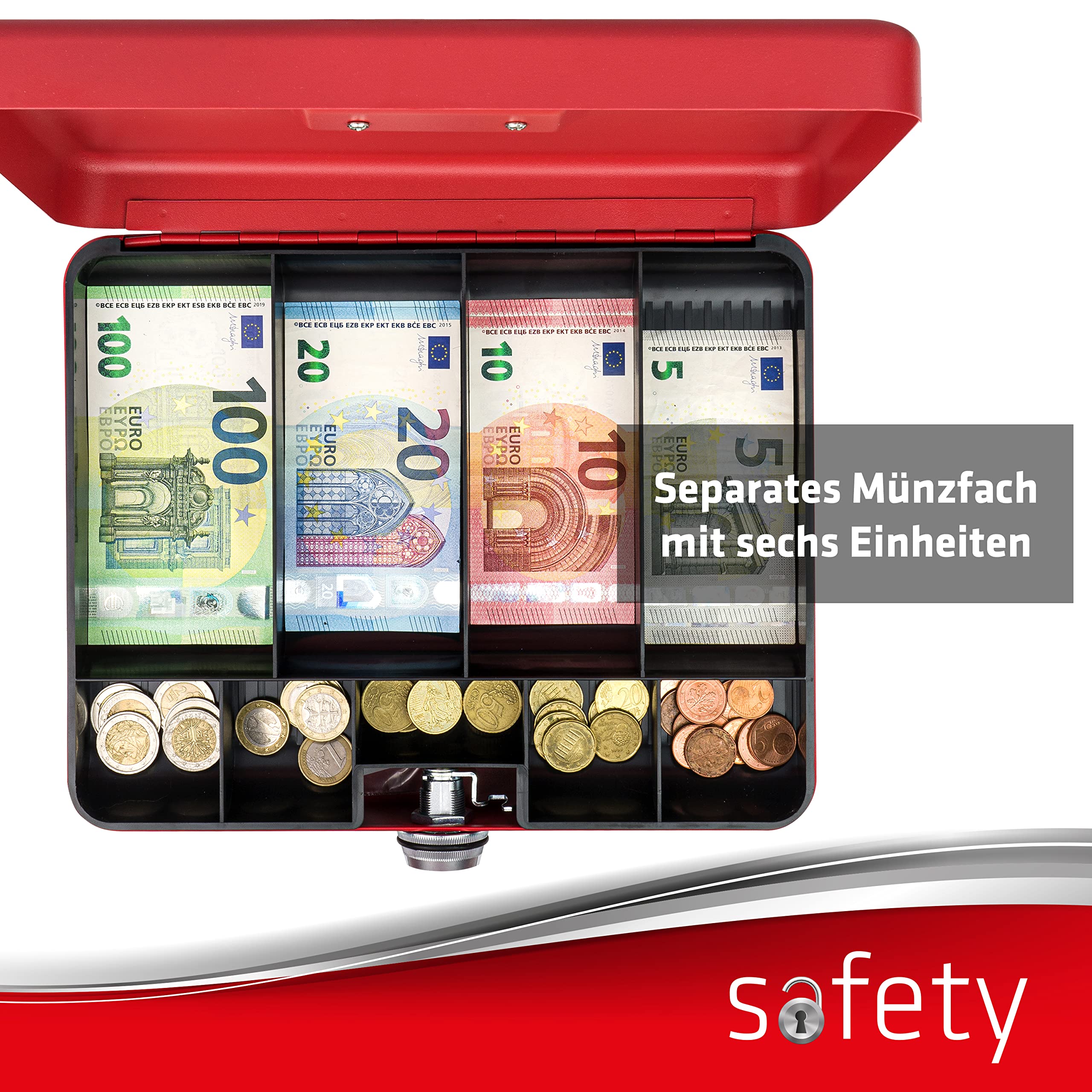 SAX X-Large Cash Box with Combination Lock - Heavy Duty Security Safe (30 x 24 x 9 cm) in Red - Ideal for Retail Stores, Home Office & Small Business Money Storage