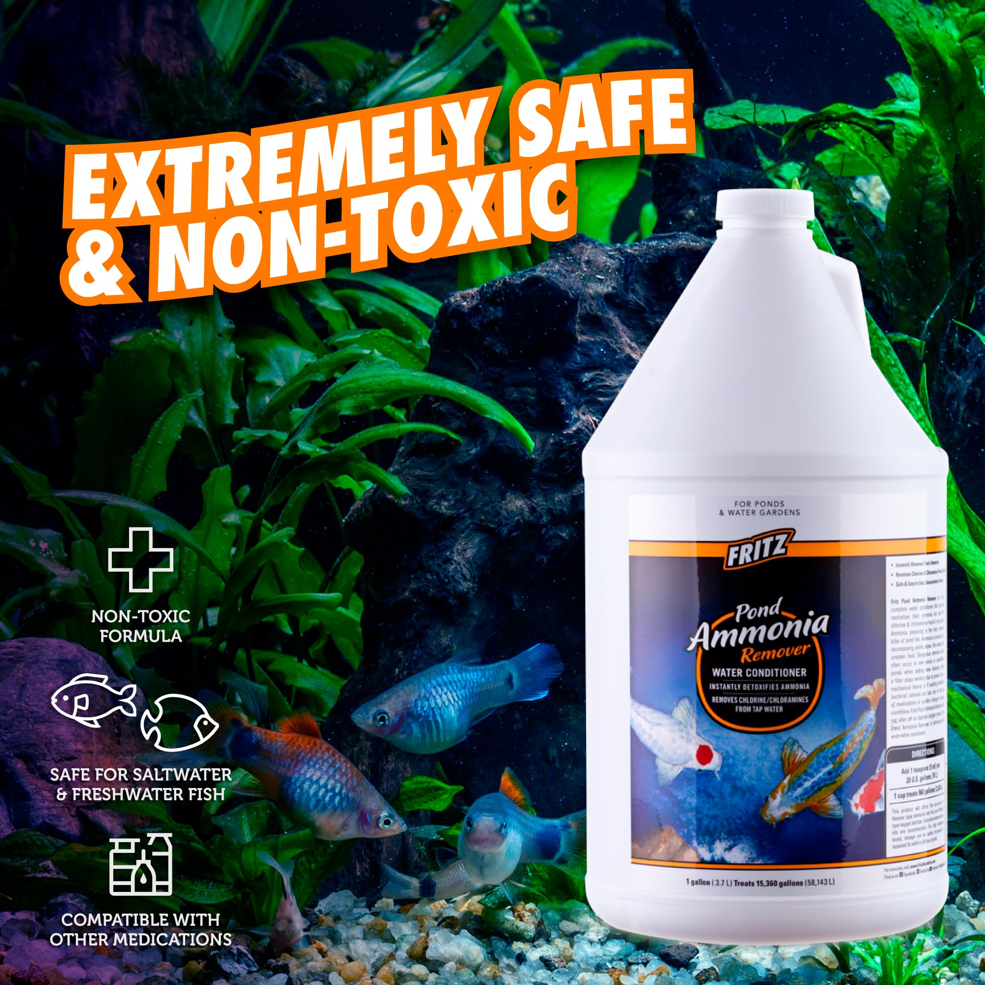 FritzPond Ammonia Remover Water Conditioner for Aquariums - 1 Gallon - Eliminates Chlorine & Detoxifies Fish Tanks - Perfect for Freshwater & Saltwater Fish Care