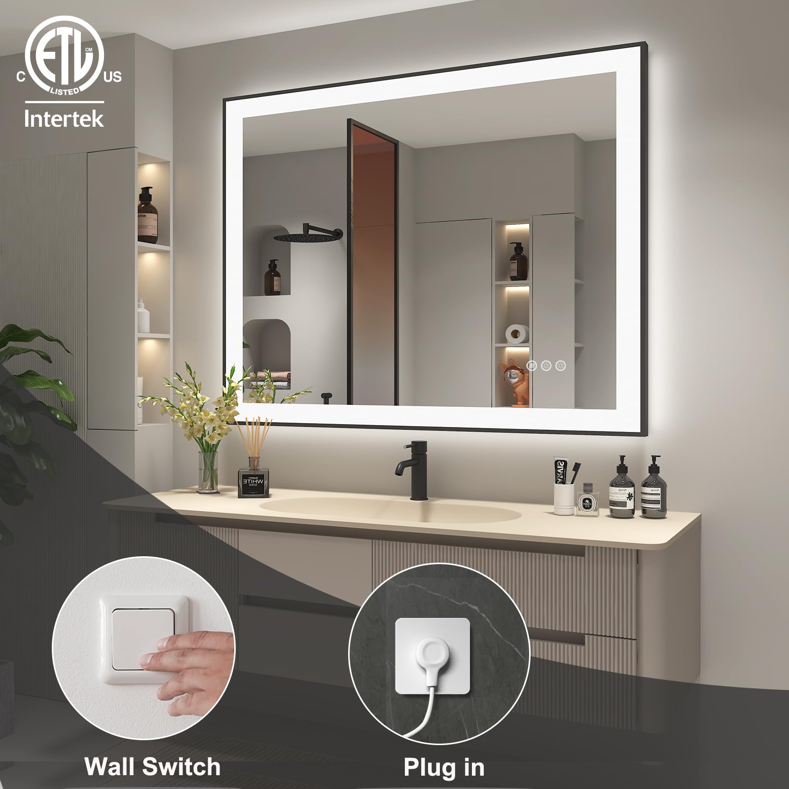 SMIROR 40x38 Inch LED Bathroom Mirror with Dimmable Lights - Matte Black Framed Anti-Fog Vanity Mirror with Memory Function, Shatterproof & ETL Certified (Front/Backlit) - Perfect for Makeup, Shaving & Home Decor