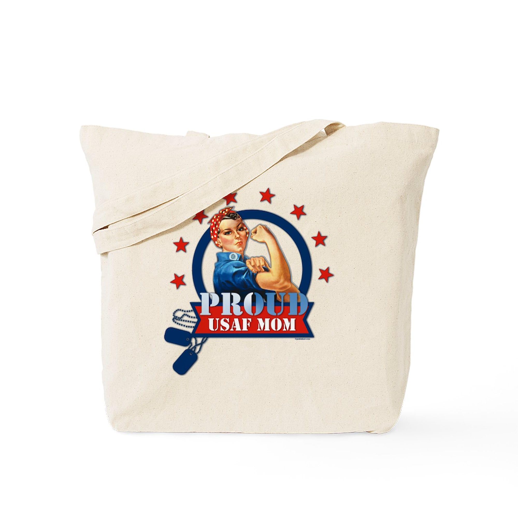 Rosie Proud USAF Mom Tote Bag - Natural Canvas Reusable Shopping Bag for Military Moms | Grocery, Beach, Work & Everyday Use