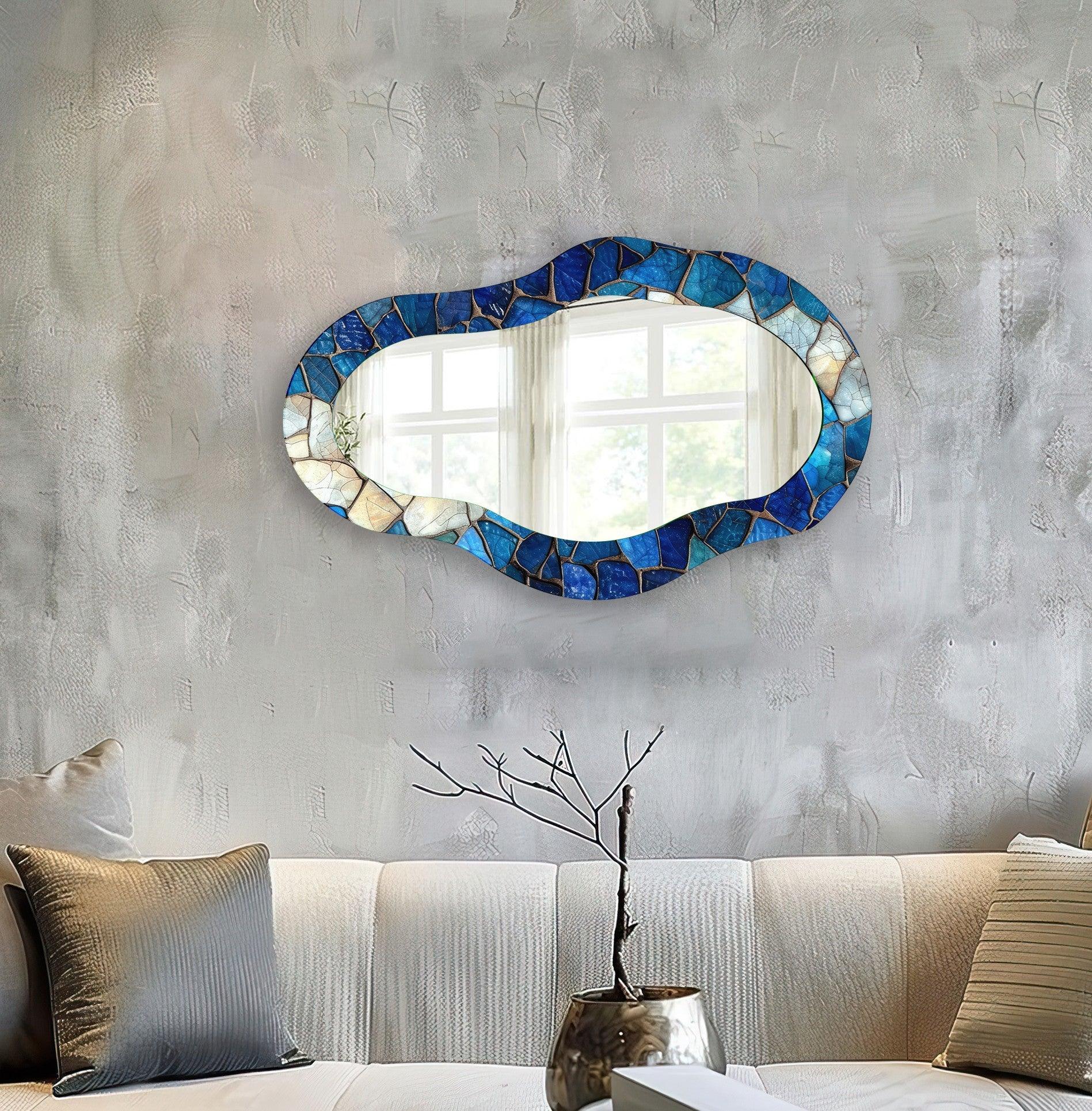 Blue Mosaic Asymmetrical Wall Mirror - Handcrafted Boho Decor for Living Room, Bedroom & Entryway - Unique Decorative Mirror for Home & Office