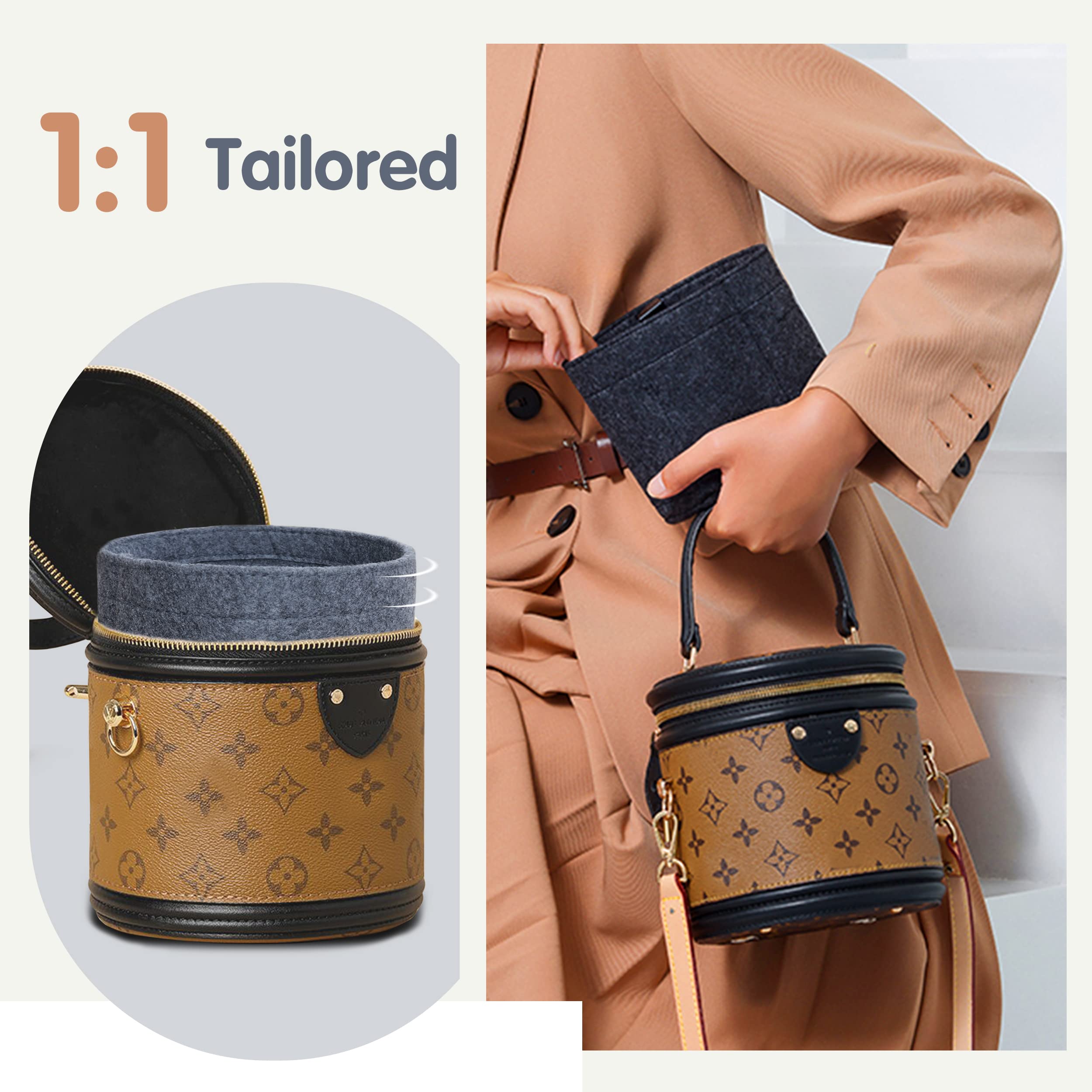 Soyizom Felt Cylinder Bucket Bag Organizer Insert with Detachable Pouch & Keychains - Perfect for Barrel Shaped Purses, Handbags, Travel & Daily Use (Grey)