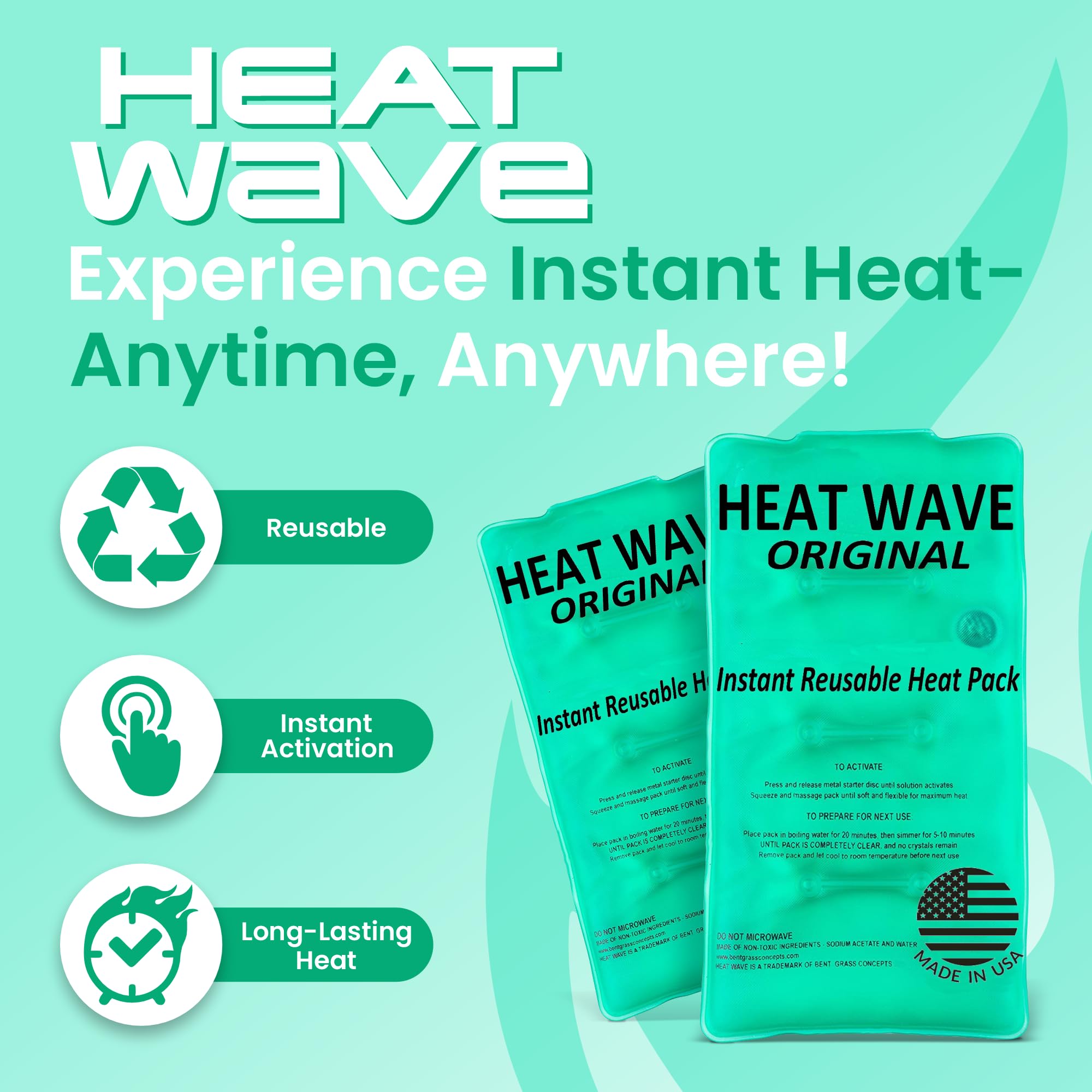 HEAT WAVE Green Instant Reusable Heat Pack - Medical Grade, Large (8