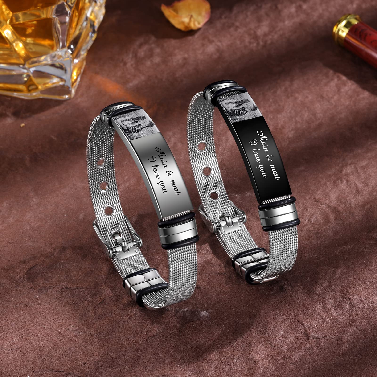 Personalized Photo Bracelet for Men - Custom Couple Name Engraved Picture Bracelet - Unique Father's Day, Birthday Gift for Boyfriend, Husband, Dad, Grandpa - Perfect for Anniversaries, Valentine's Day & Special Occasions