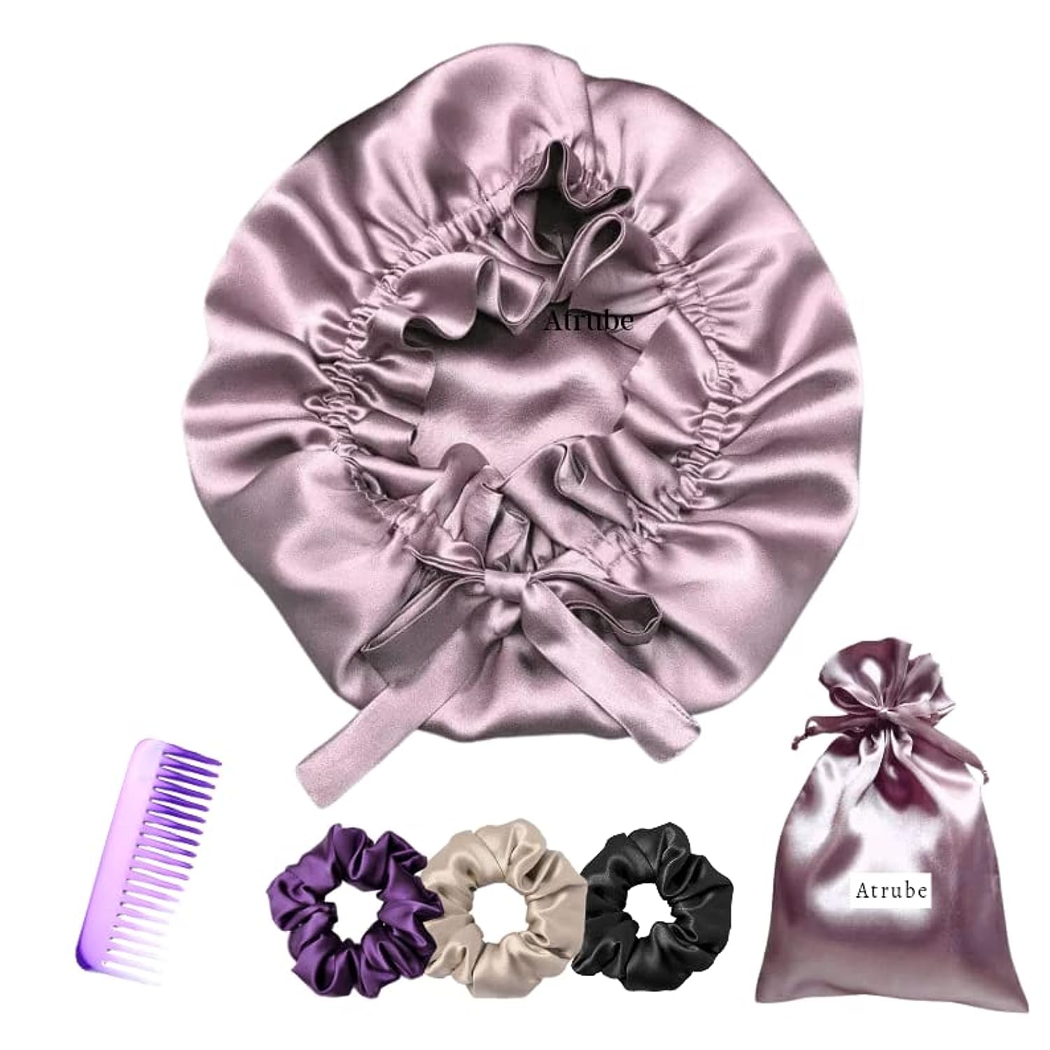 Atrube Satin Silk Hair Bonnet with 3 Premium Scrunchies | Adjustable Tie Band Sleep Cap for Curly, Natural & Protective Hairstyles | Shower & Nighttime Hair Protection in Pale Mauve